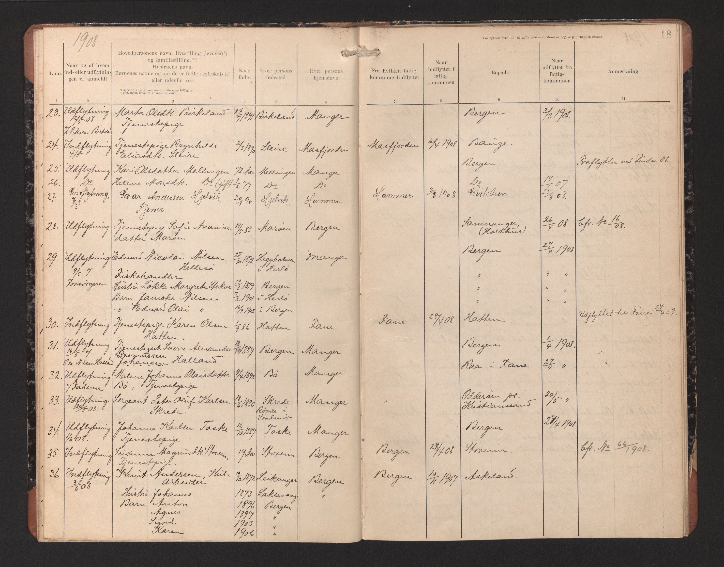Lensmannen i Manger, AV/SAB-A-33701/0020/L0002: Protokoll over inn- og utflytte, 1906-1911, p. 18