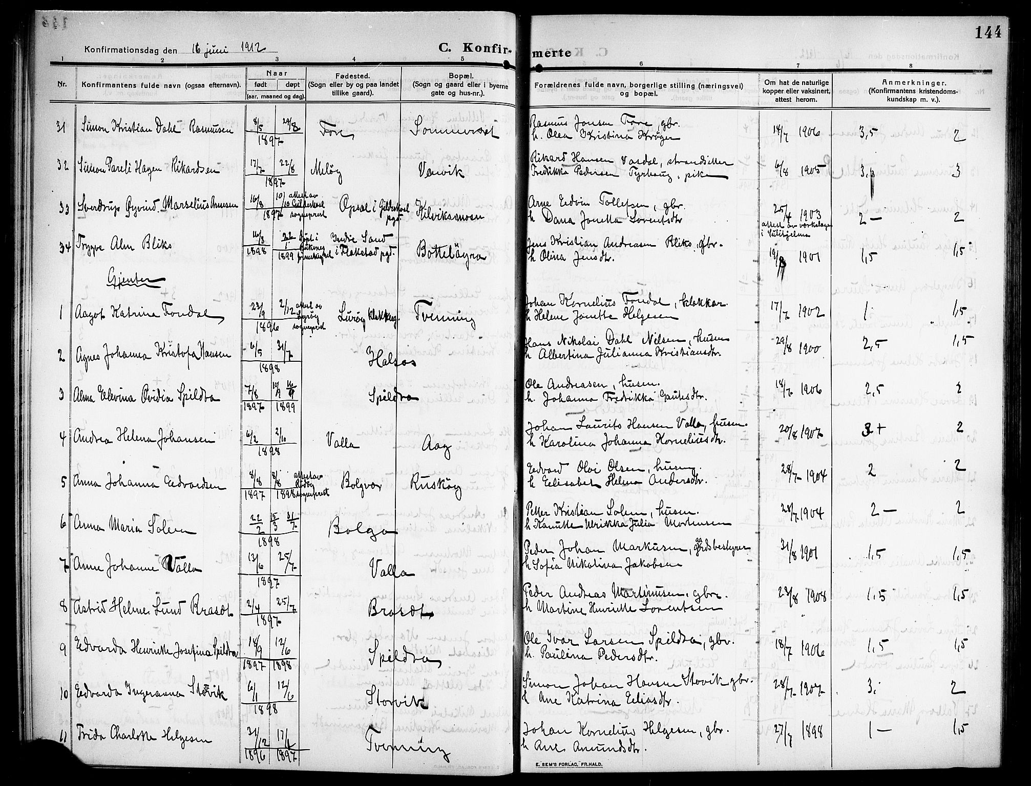 Ministerialprotokoller, klokkerbøker og fødselsregistre - Nordland, AV/SAT-A-1459/843/L0639: Parish register (copy) no. 843C08, 1908-1924, p. 144