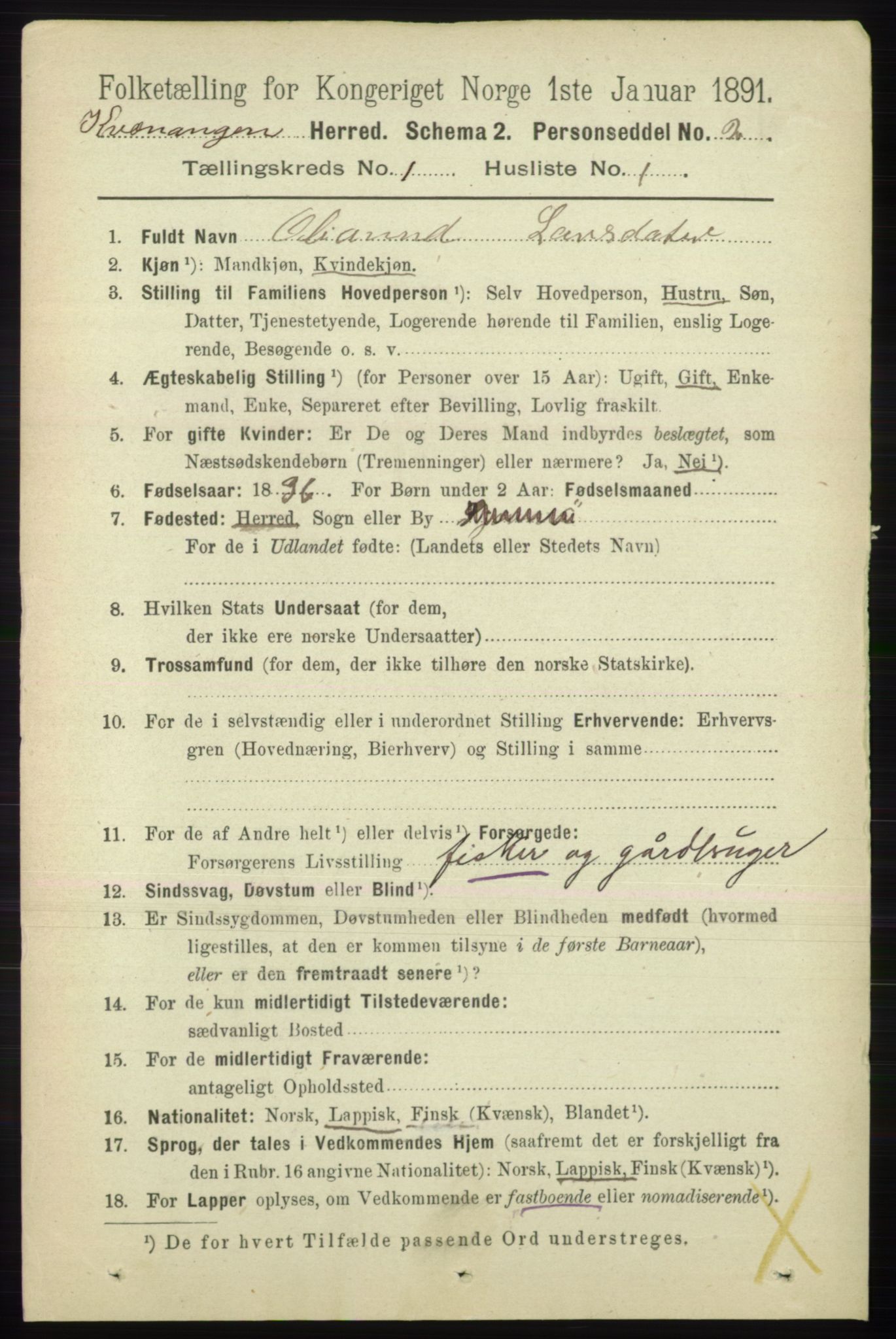 RA, 1891 census for 1943 Kvænangen, 1891, p. 56