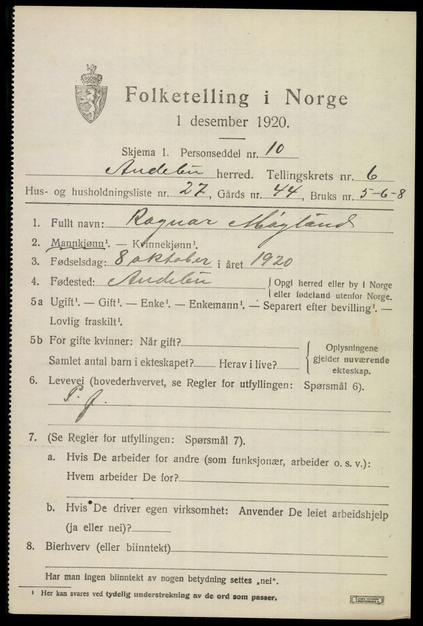 SAKO, 1920 census for Andebu, 1920, p. 3194