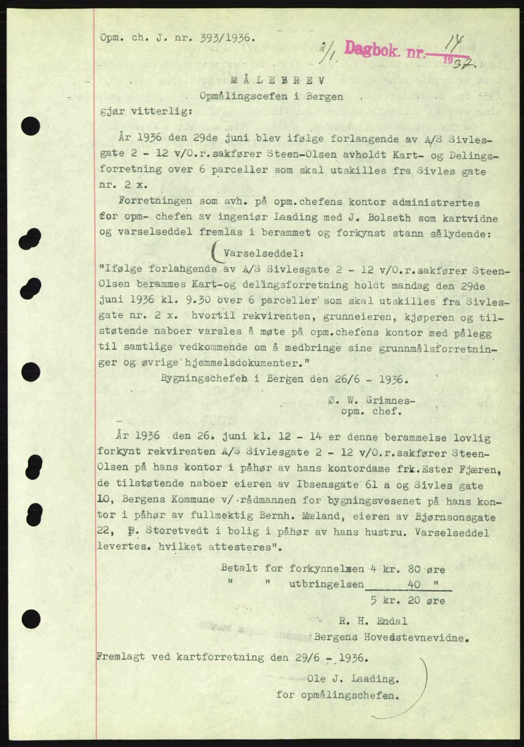 Byfogd og Byskriver i Bergen, SAB/A-3401/03/03Bc/L0004: Mortgage book no. A3-4, 1936-1937, Diary no: : 14/1937
