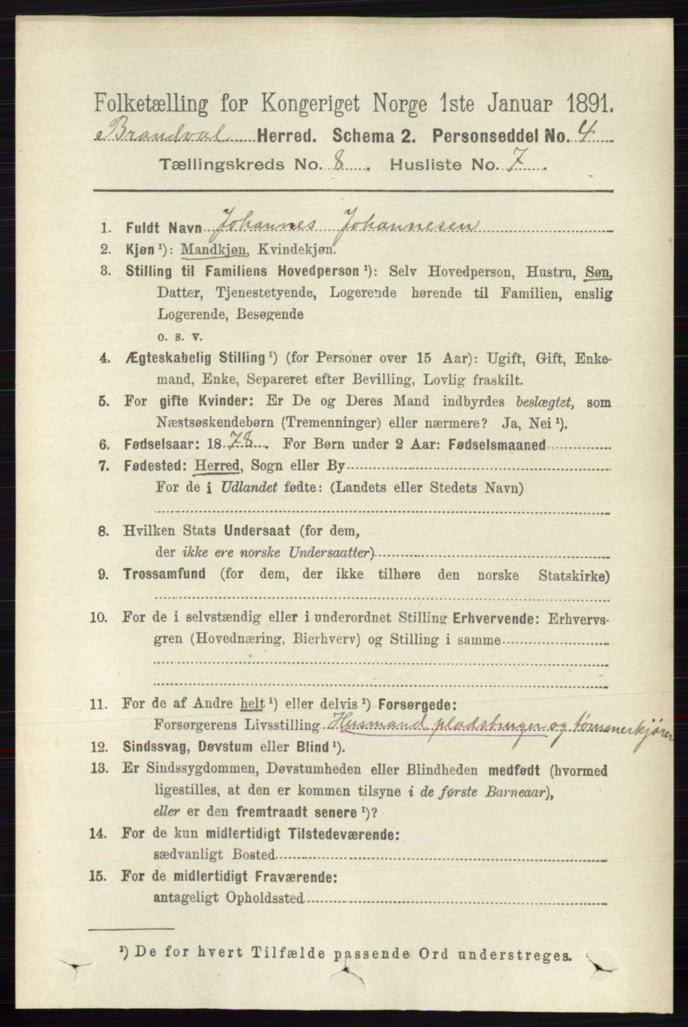 RA, 1891 census for 0422 Brandval, 1891, p. 3874
