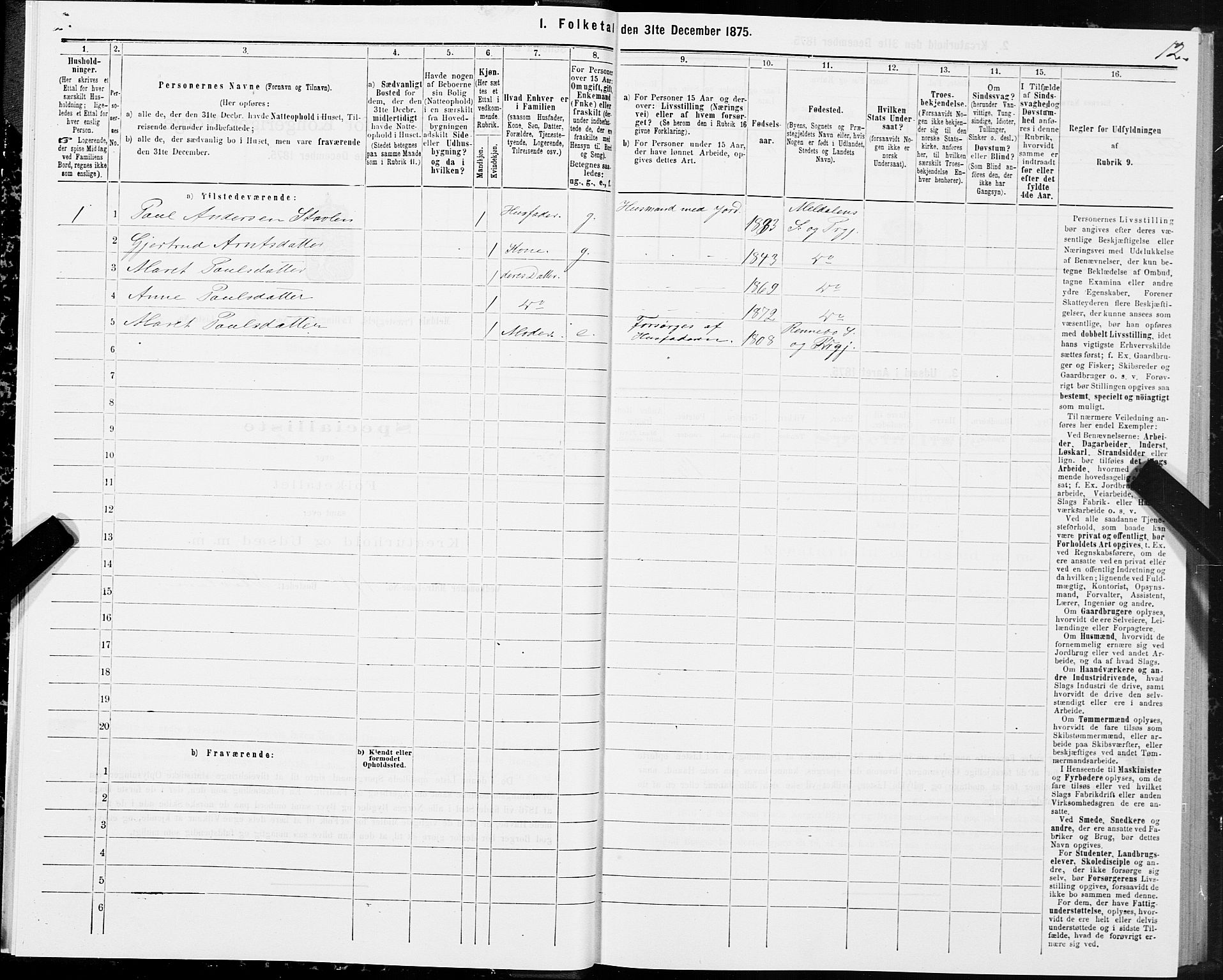 SAT, 1875 census for 1636P Meldal, 1875, p. 3012