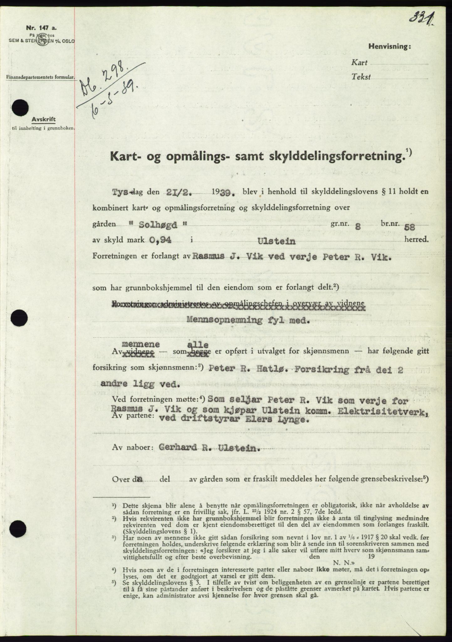 Søre Sunnmøre sorenskriveri, AV/SAT-A-4122/1/2/2C/L0067: Mortgage book no. 61, 1938-1939, Diary no: : 298/1939