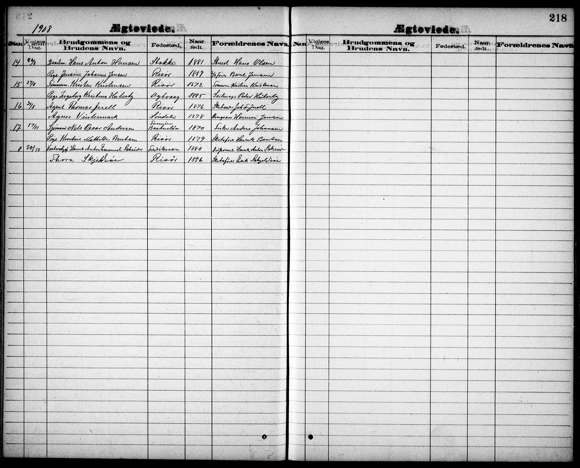 Risør sokneprestkontor, AV/SAK-1111-0035/F/Fb/L0007: Parish register (copy) no. B 7, 1885-1908, p. 218