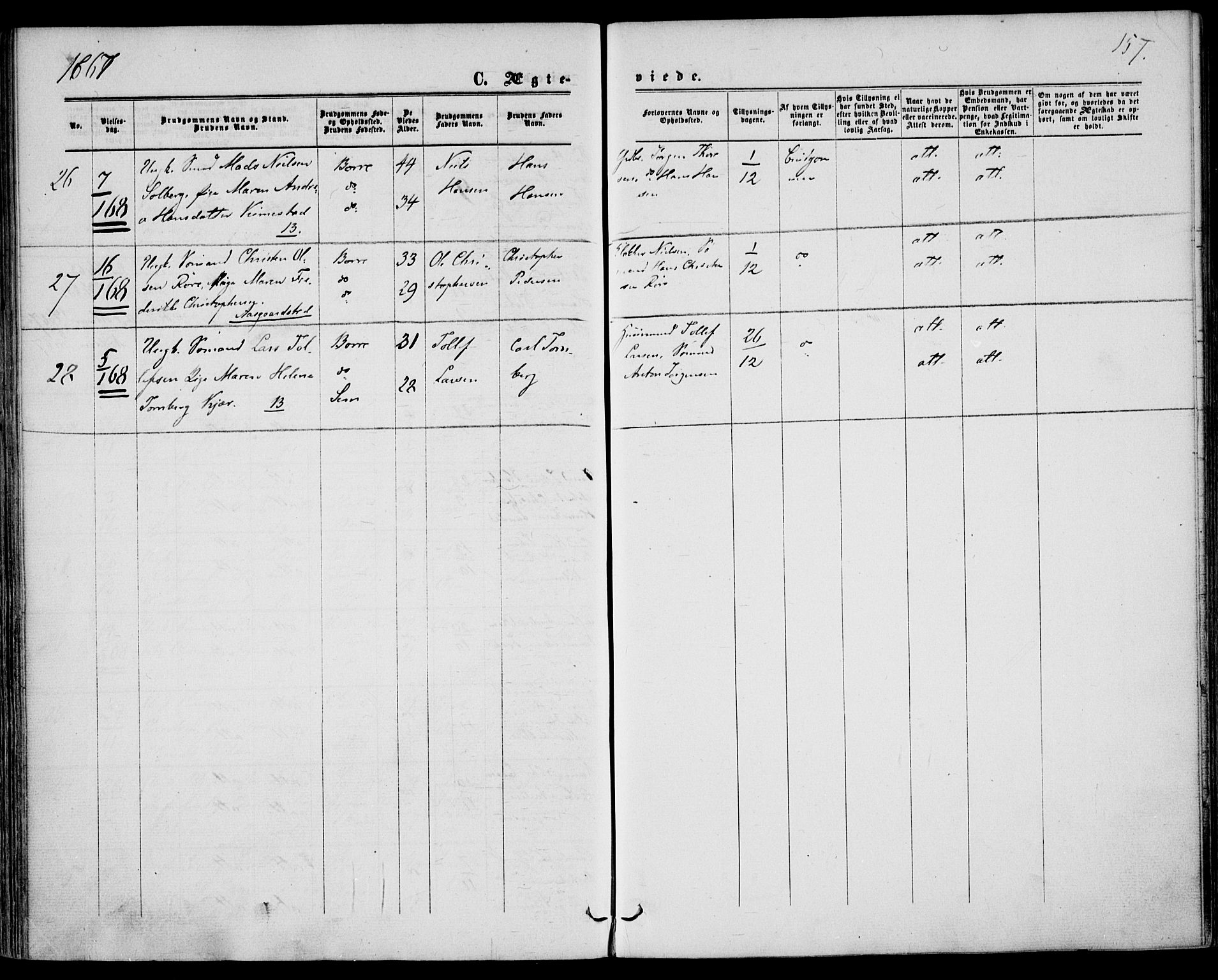 Borre kirkebøker, AV/SAKO-A-338/F/Fa/L0007: Parish register (official) no. I 7, 1862-1867, p. 157