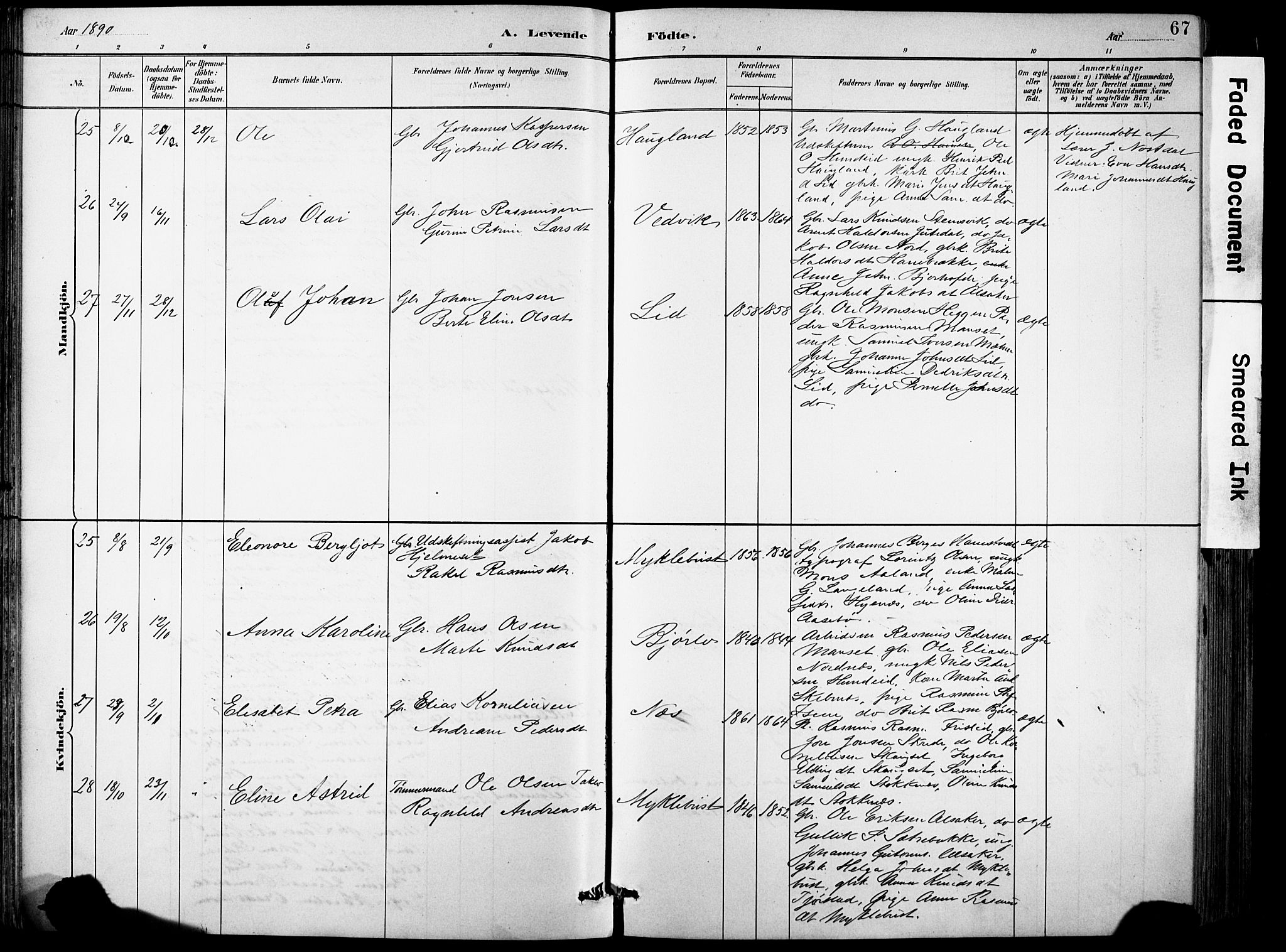 Eid sokneprestembete, AV/SAB-A-82301/H/Hab/Habb/L0002: Parish register (copy) no. B 2, 1882-1907, p. 67