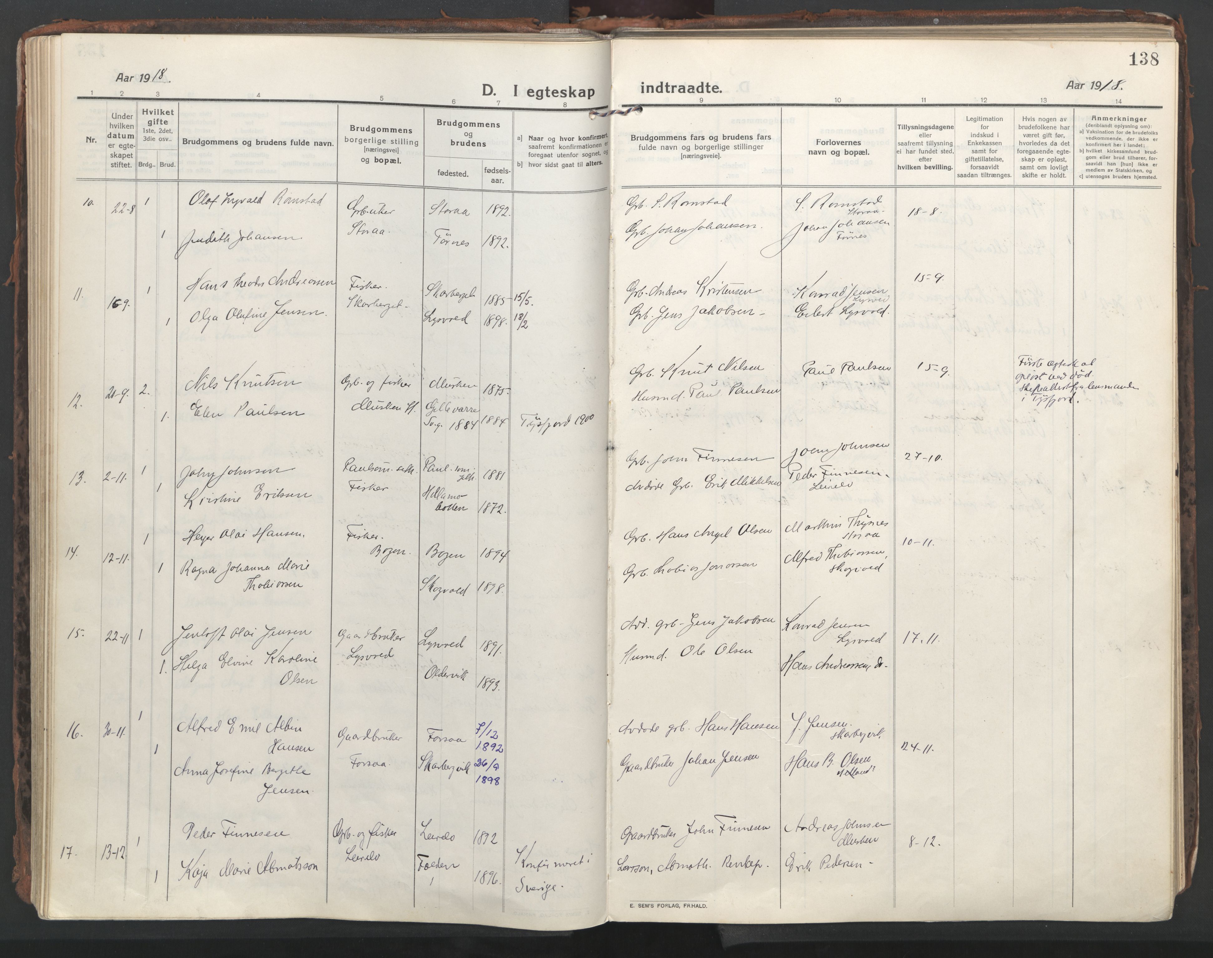 Ministerialprotokoller, klokkerbøker og fødselsregistre - Nordland, AV/SAT-A-1459/861/L0872: Parish register (official) no. 861A07, 1915-1924, p. 138