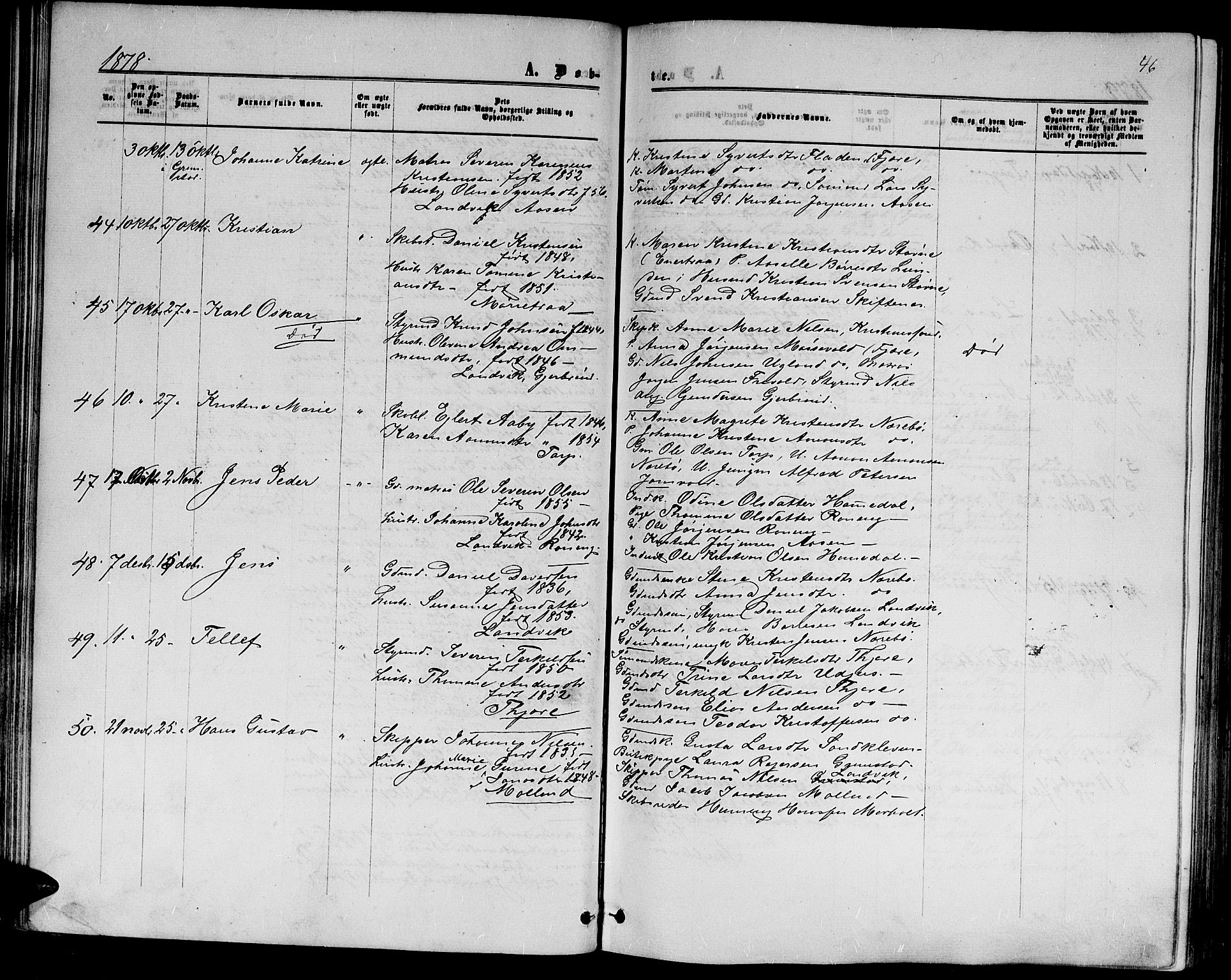 Hommedal sokneprestkontor, AV/SAK-1111-0023/F/Fb/Fbb/L0006: Parish register (copy) no. B 6, 1869-1884, p. 46