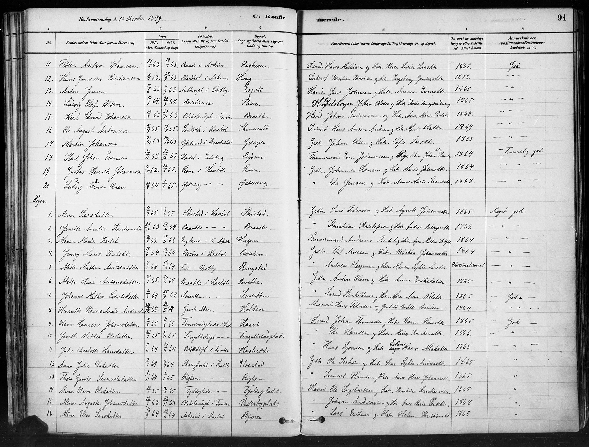 Hobøl prestekontor Kirkebøker, AV/SAO-A-2002/F/Fa/L0005: Parish register (official) no. I 5, 1878-1904, p. 94