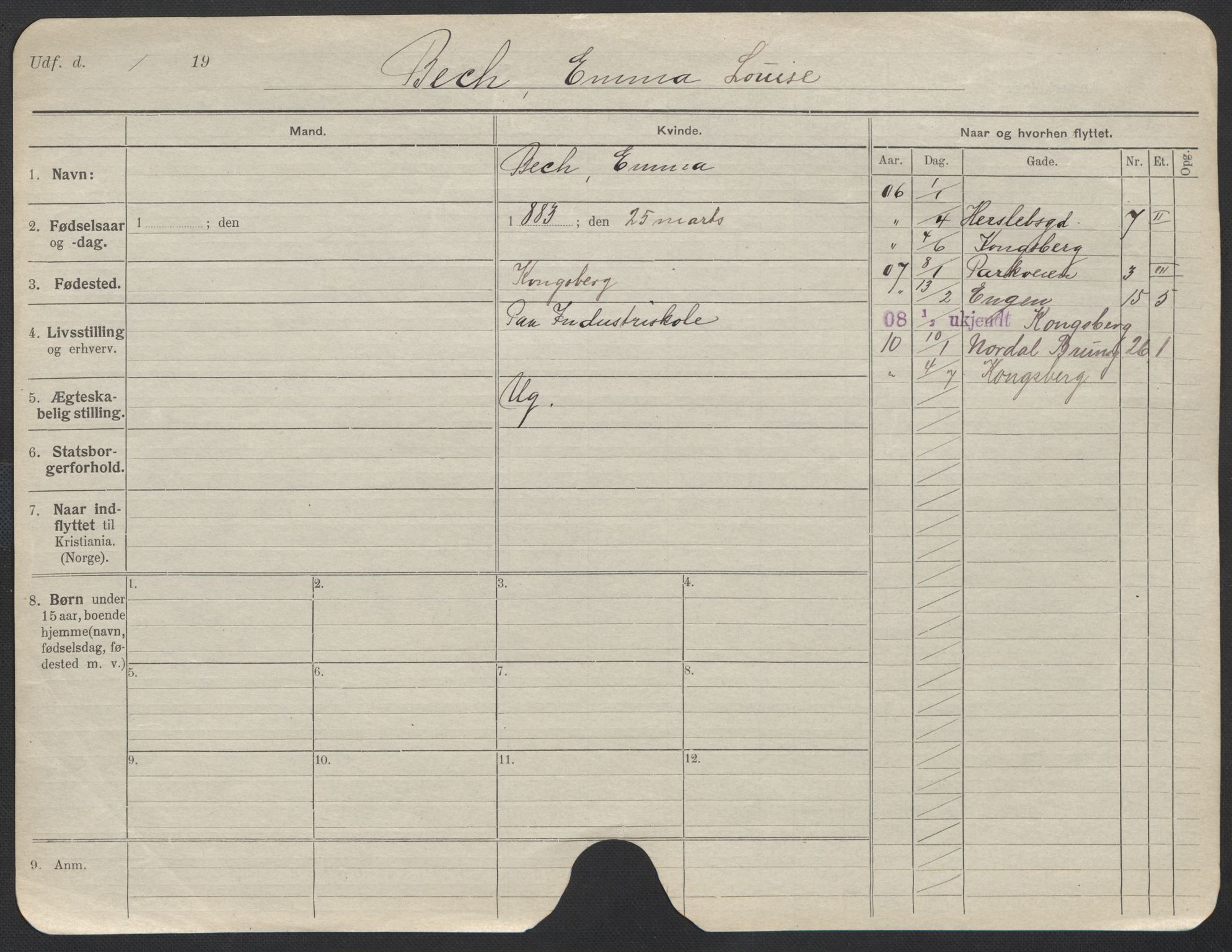 Oslo folkeregister, Registerkort, AV/SAO-A-11715/F/Fa/Fac/L0013: Kvinner, 1906-1914, p. 7a