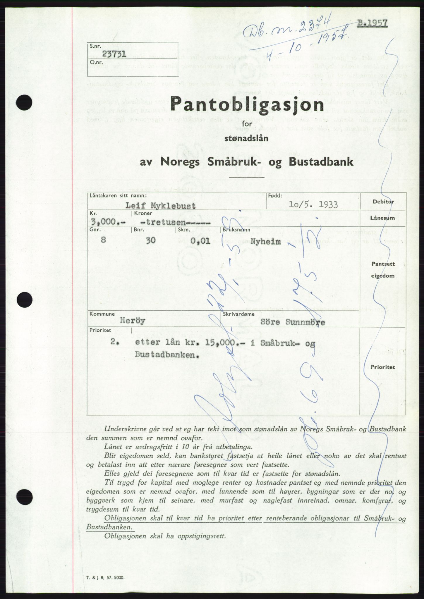 Søre Sunnmøre sorenskriveri, AV/SAT-A-4122/1/2/2C/L0130: Mortgage book no. 18B, 1957-1958, Diary no: : 2374/1957