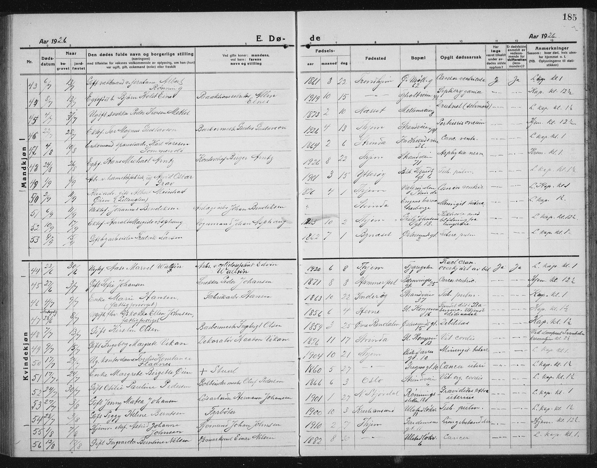 Ministerialprotokoller, klokkerbøker og fødselsregistre - Sør-Trøndelag, AV/SAT-A-1456/605/L0260: Parish register (copy) no. 605C07, 1922-1942, p. 185