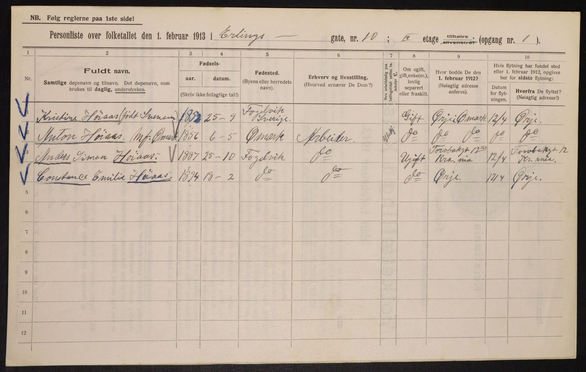 OBA, Municipal Census 1913 for Kristiania, 1913, p. 22113