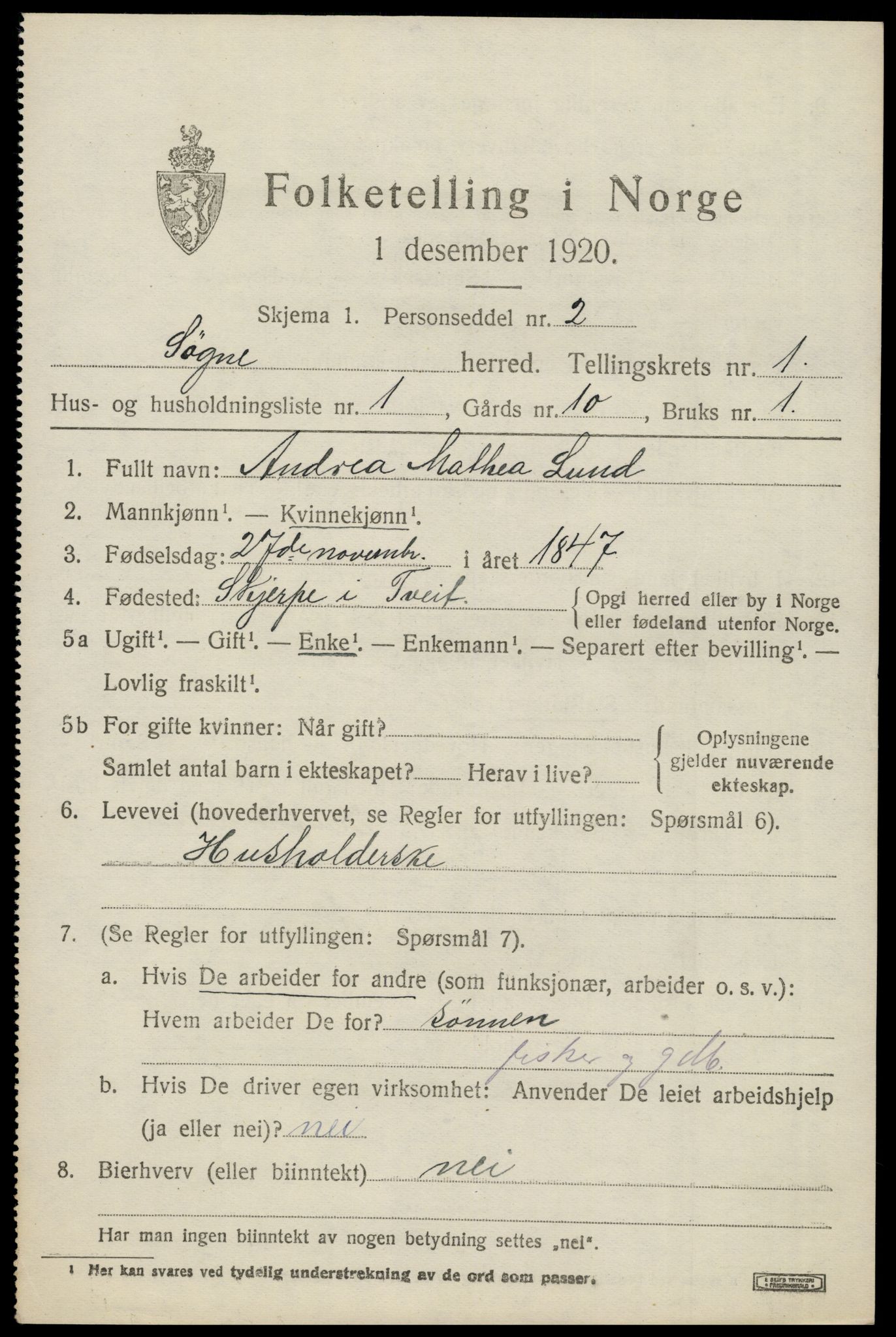 SAK, 1920 census for Søgne, 1920, p. 1333