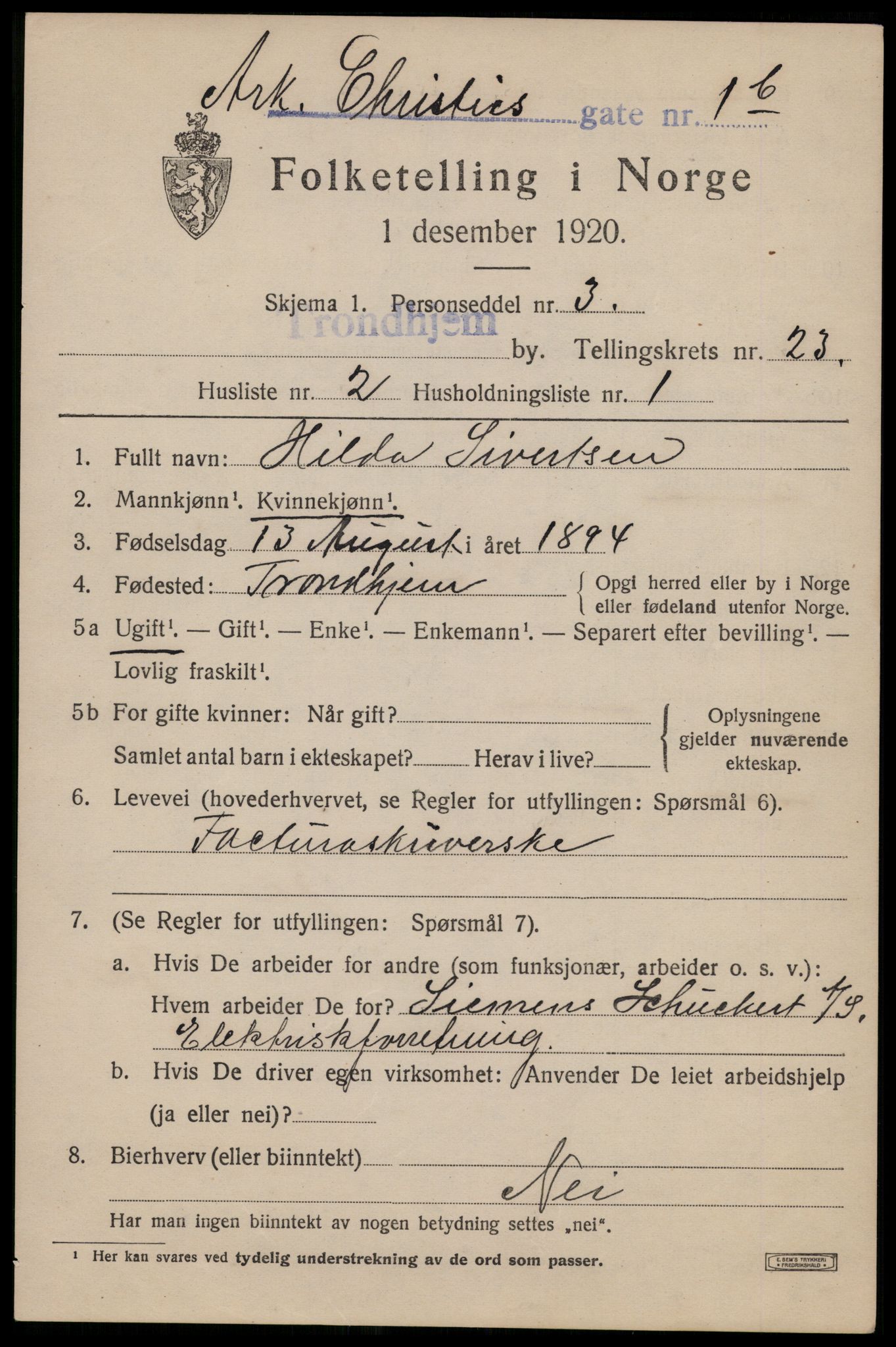 SAT, 1920 census for Trondheim, 1920, p. 63956