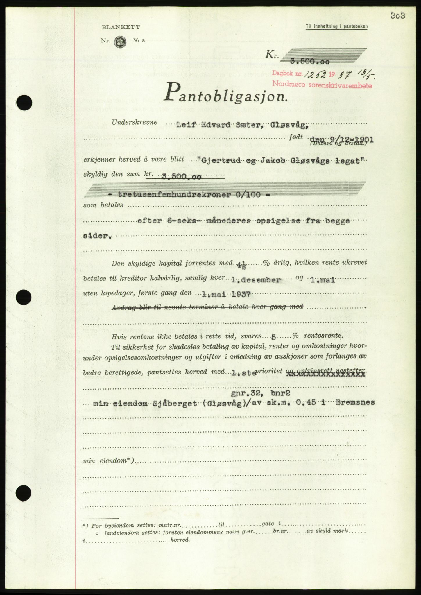 Nordmøre sorenskriveri, AV/SAT-A-4132/1/2/2Ca/L0091: Mortgage book no. B81, 1937-1937, Diary no: : 1252/1937