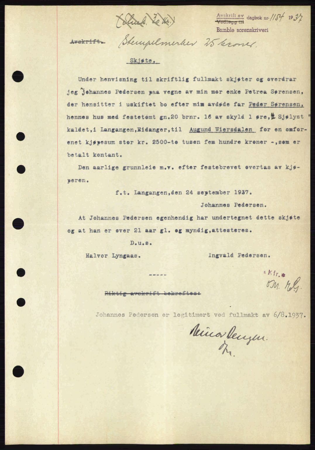 Bamble sorenskriveri, AV/SAKO-A-214/G/Ga/Gag/L0002: Mortgage book no. A-2, 1937-1938, Diary no: : 1154/1937