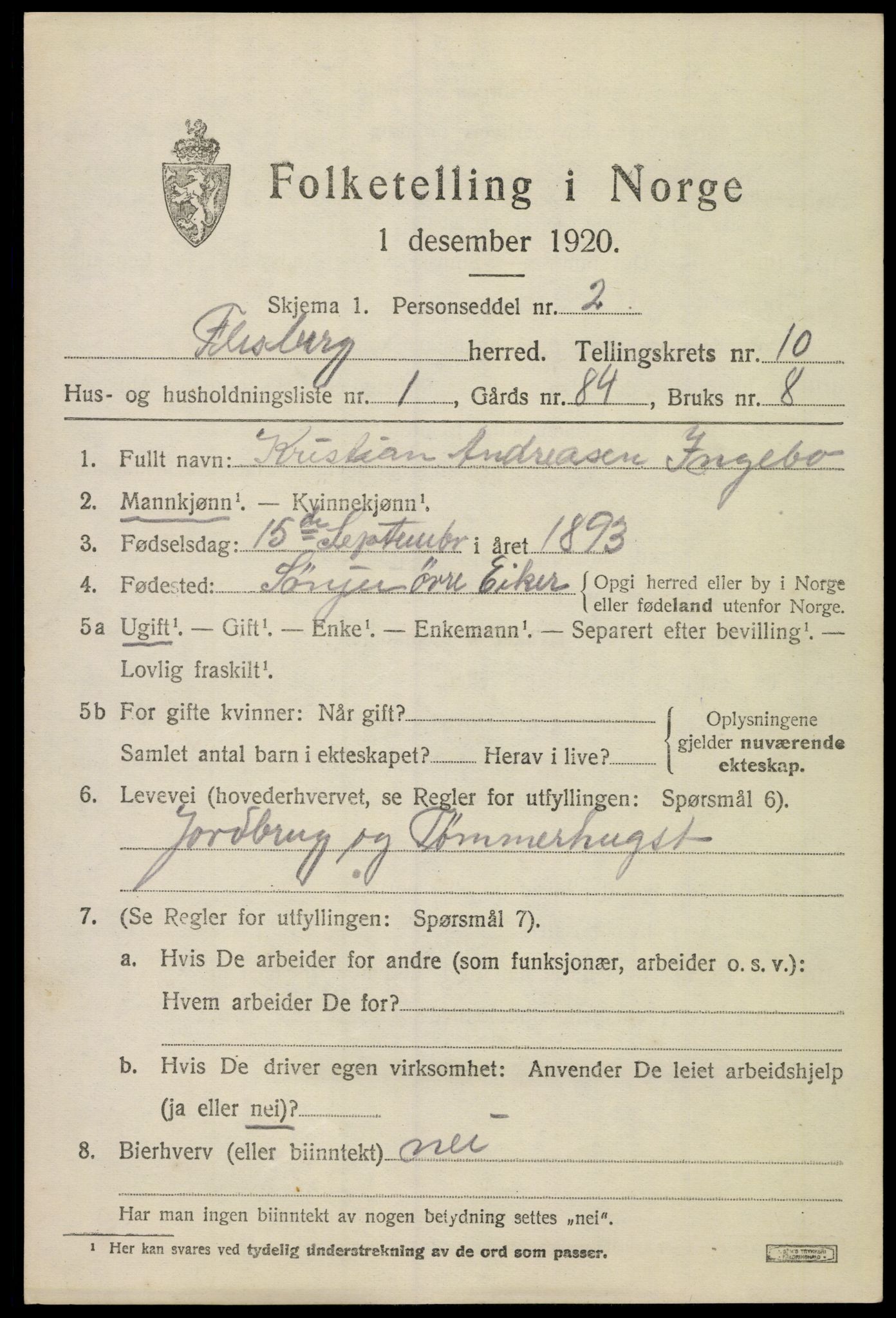 SAKO, 1920 census for Flesberg, 1920, p. 3719