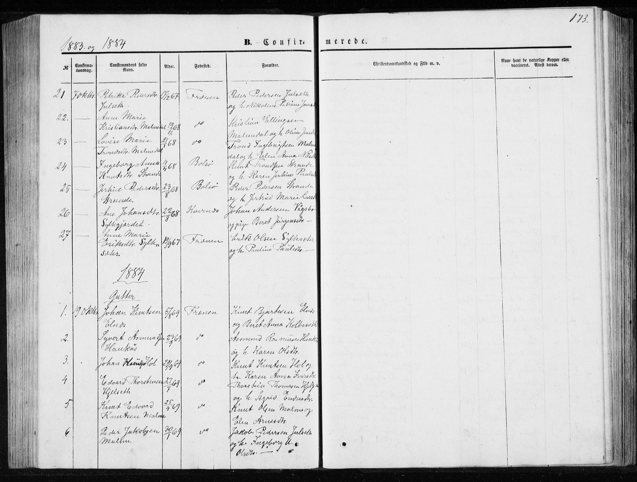 Ministerialprotokoller, klokkerbøker og fødselsregistre - Møre og Romsdal, SAT/A-1454/565/L0754: Parish register (copy) no. 565C03, 1870-1896, p. 173