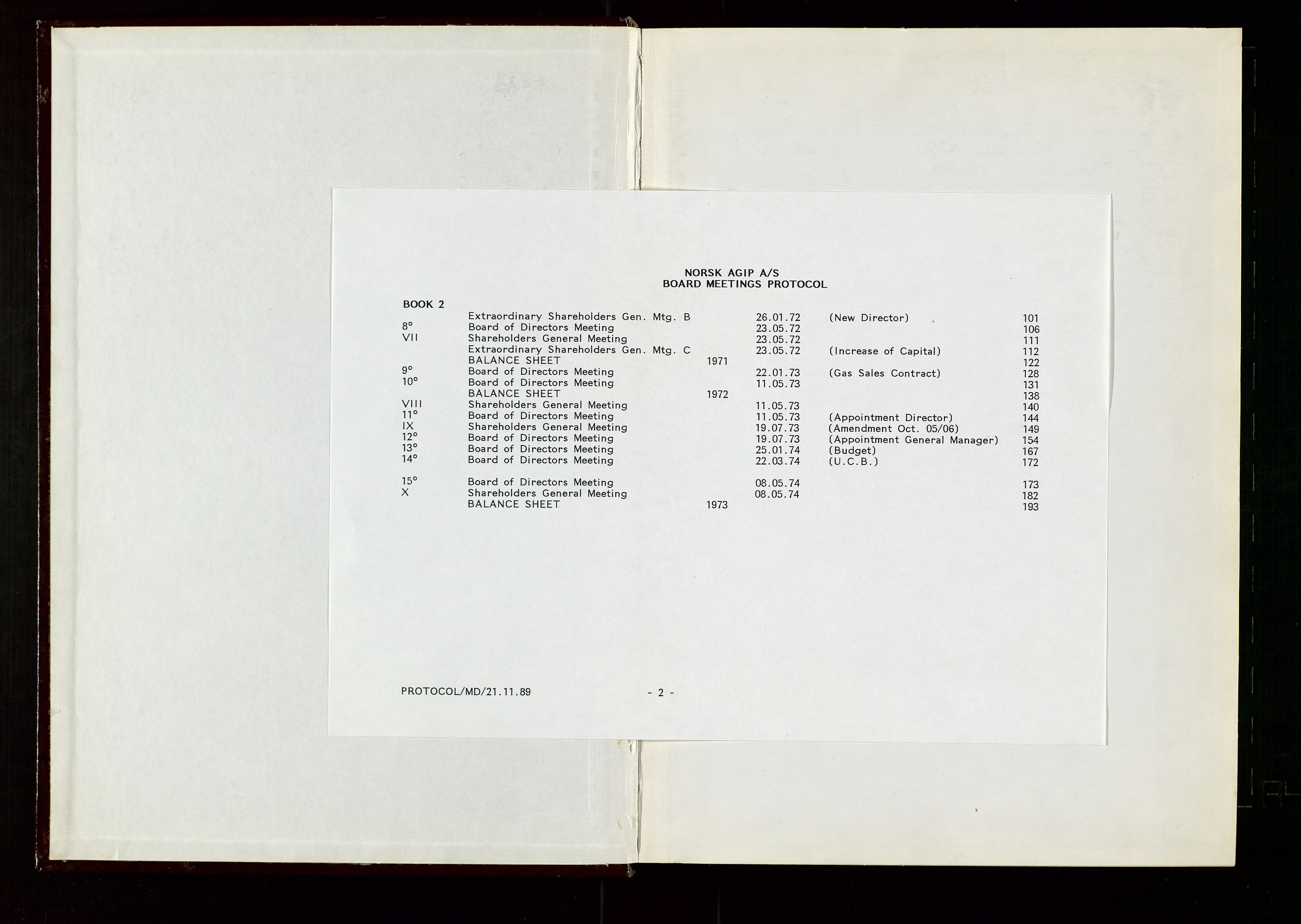 Pa 1583 - Norsk Agip AS, AV/SAST-A-102138/A/Aa/L0002: General assembly and Board of Directors meeting minutes, 1972-1979