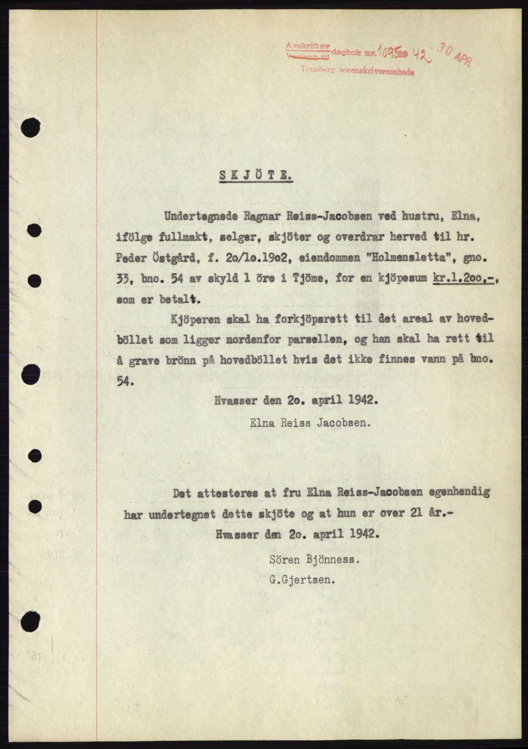 Tønsberg sorenskriveri, AV/SAKO-A-130/G/Ga/Gaa/L0011: Mortgage book no. A11, 1941-1942, Diary no: : 1095/1942