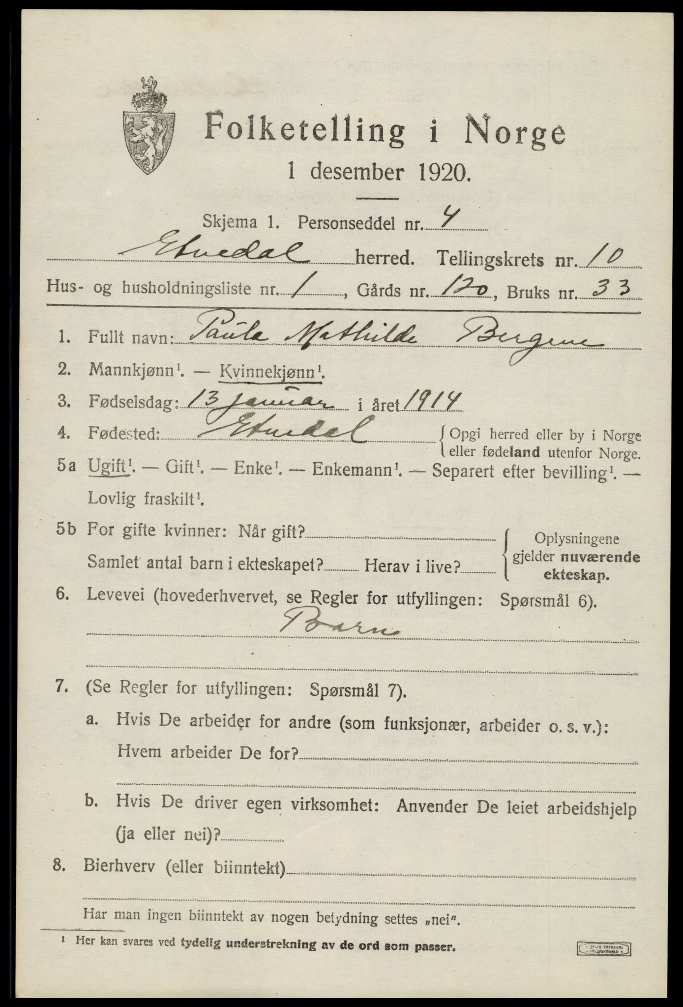 SAH, 1920 census for Etnedal, 1920, p. 4410