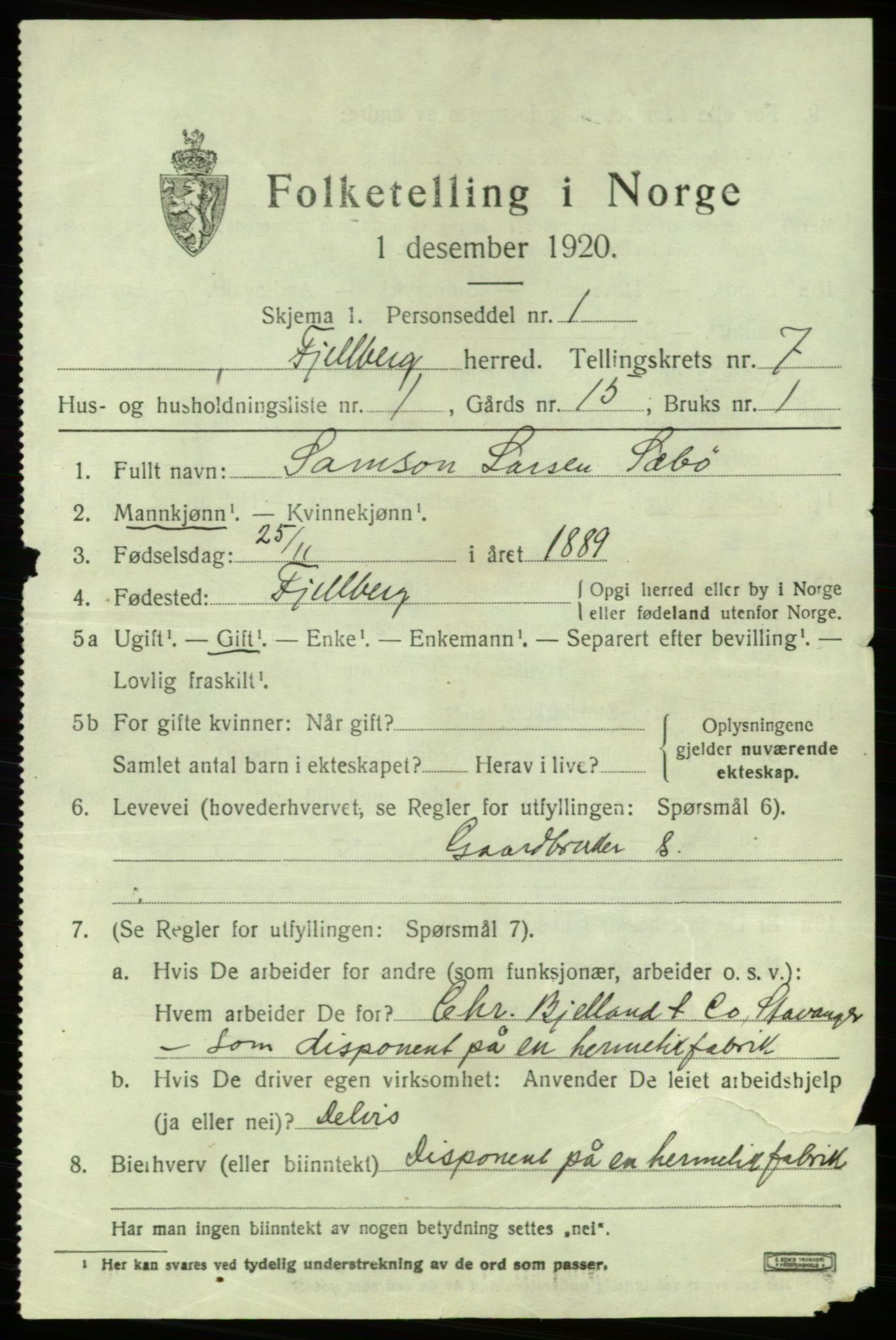 SAB, 1920 census for Fjelberg, 1920, p. 2739