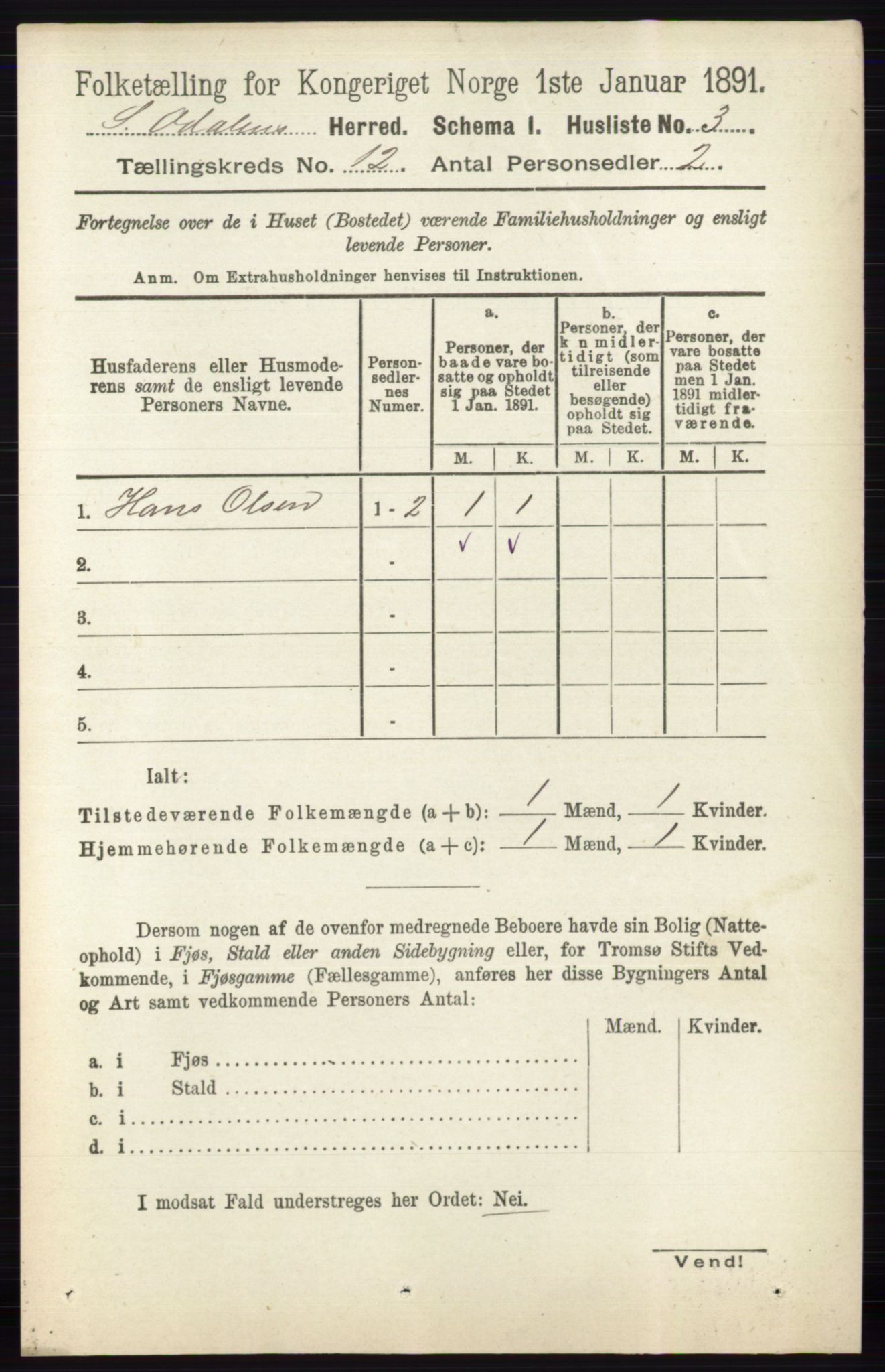 RA, 1891 census for 0419 Sør-Odal, 1891, p. 5369