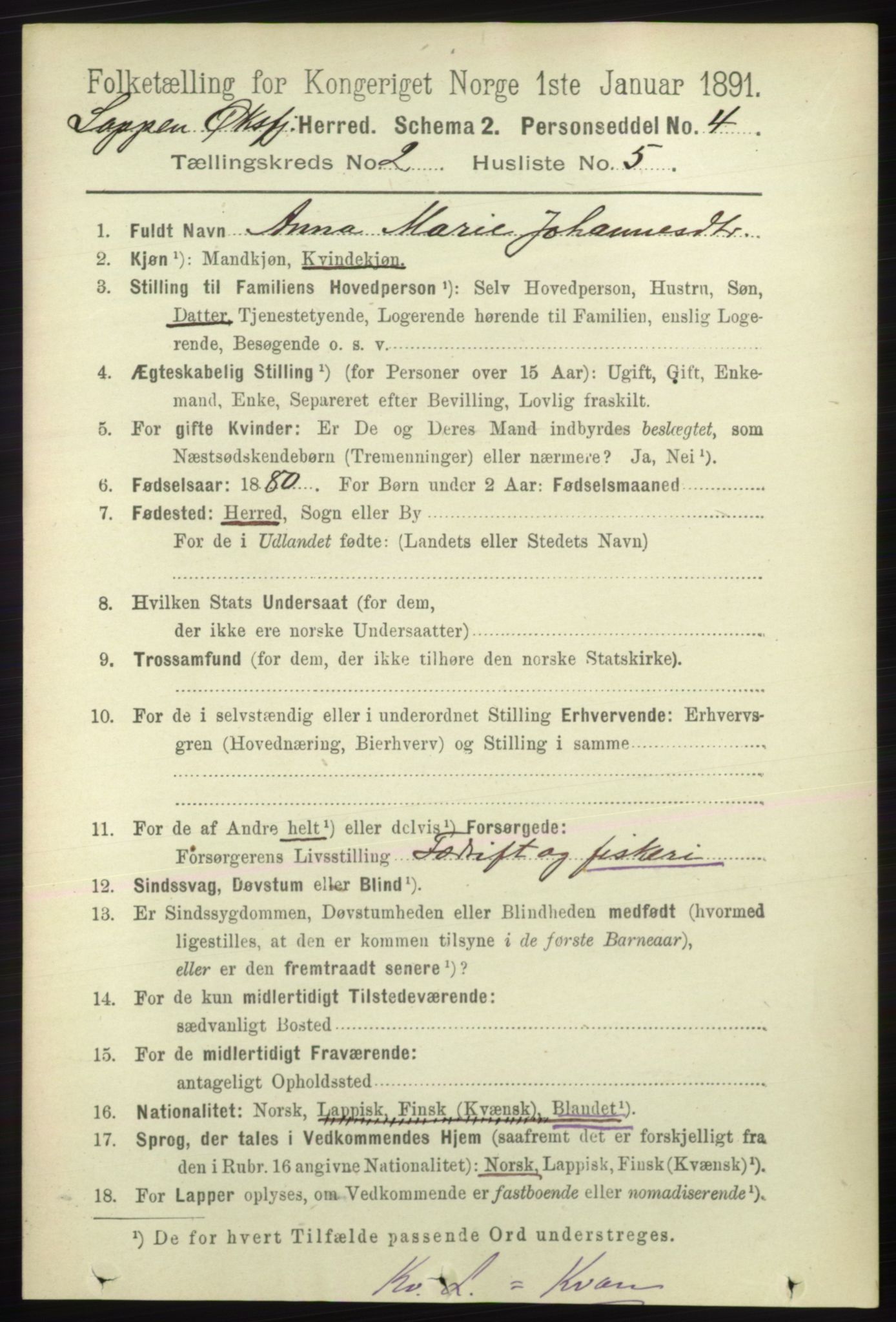 RA, 1891 census for 2014 Loppa, 1891, p. 394