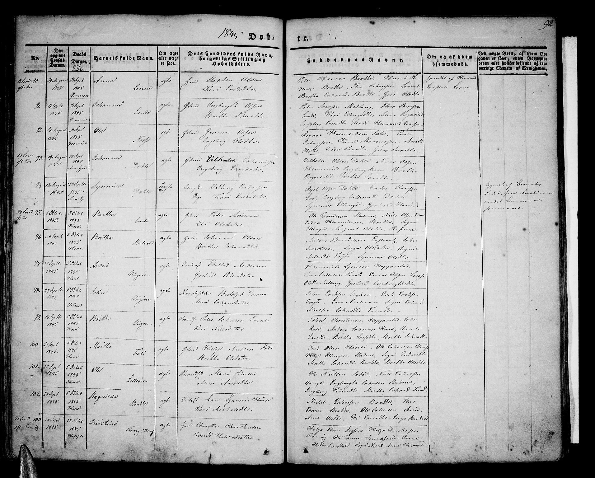 Vik sokneprestembete, SAB/A-81501: Parish register (official) no. A 7, 1831-1845, p. 92