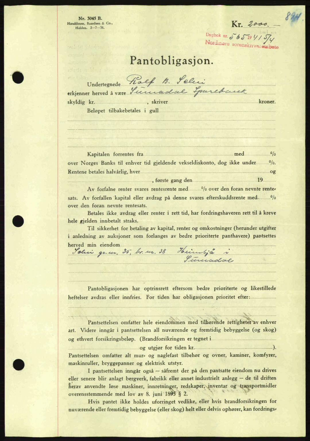 Nordmøre sorenskriveri, AV/SAT-A-4132/1/2/2Ca: Mortgage book no. B87, 1940-1941, Diary no: : 565/1941