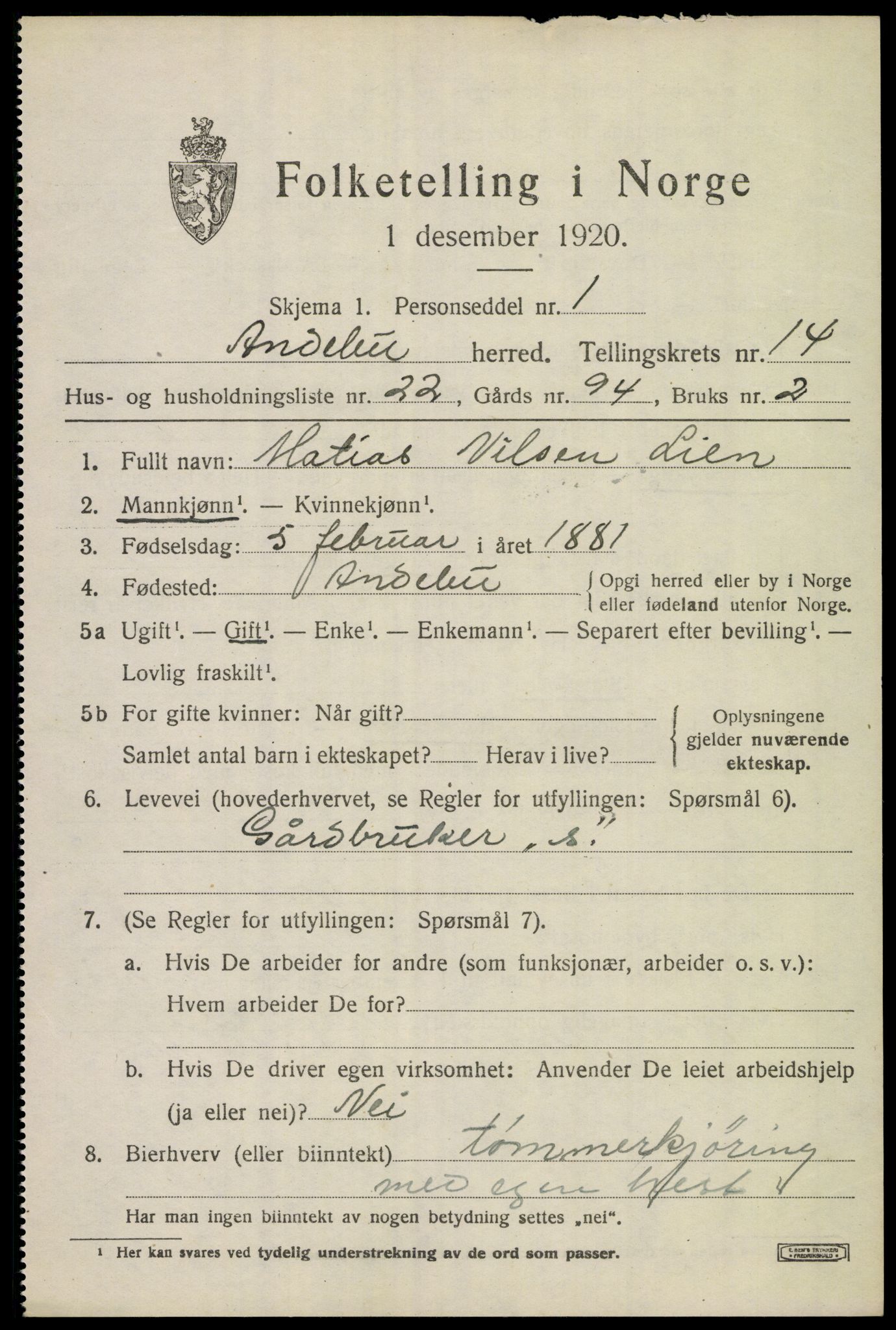 SAKO, 1920 census for Andebu, 1920, p. 5310