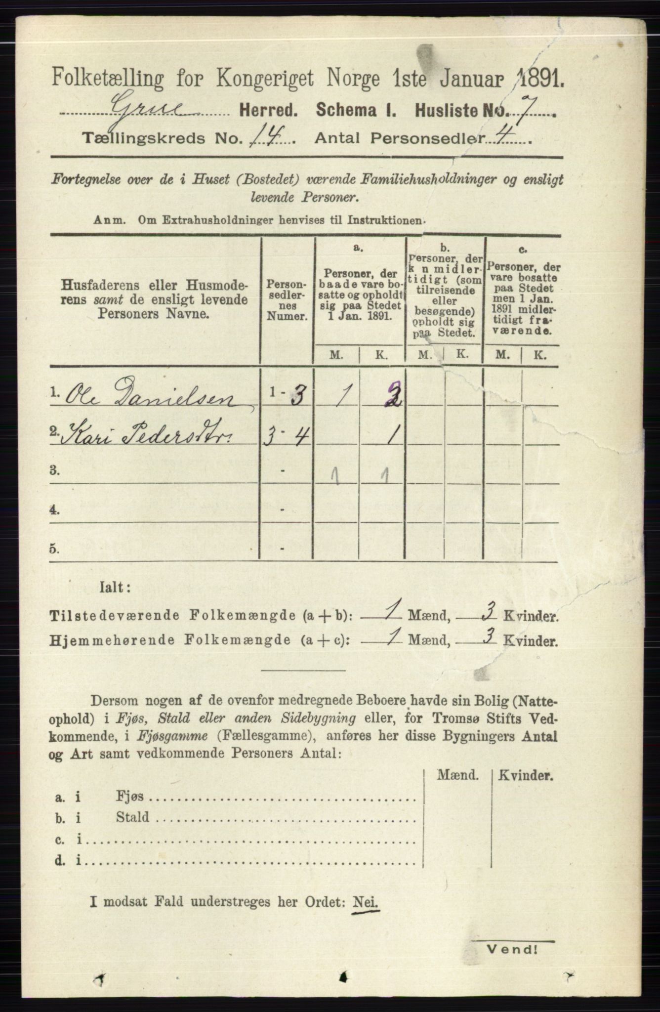 RA, 1891 census for 0423 Grue, 1891, p. 6991