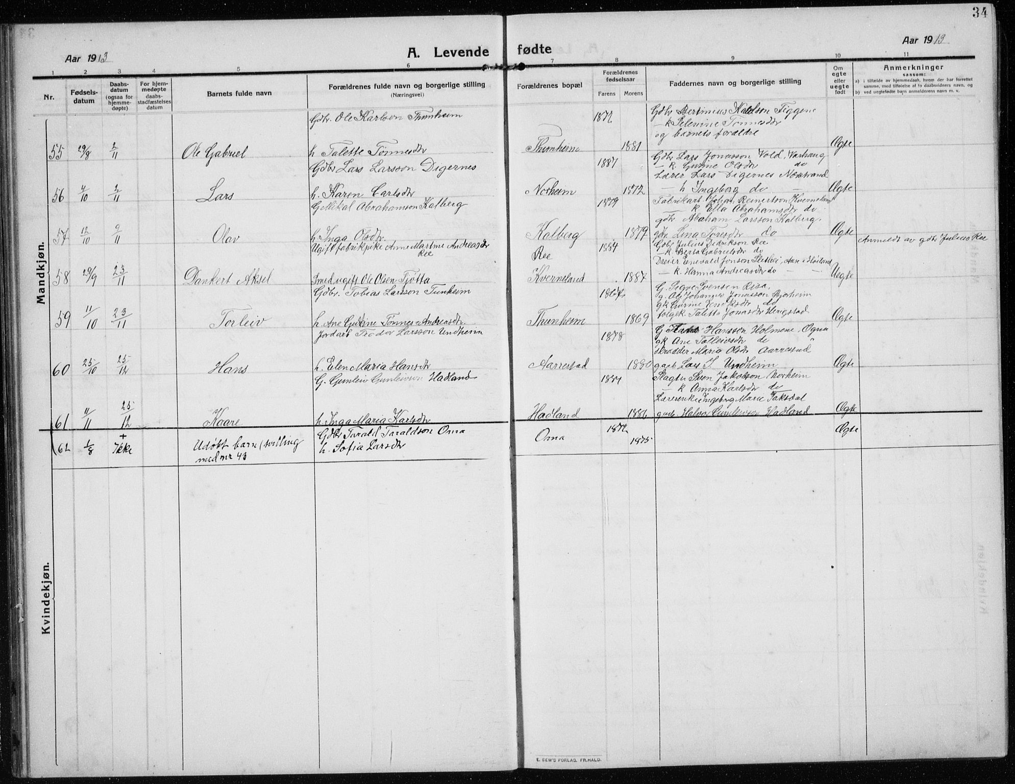 Time sokneprestkontor, AV/SAST-A-101795/001/30BB/L0001: Parish register (copy) no. B 1, 1910-1932, p. 34