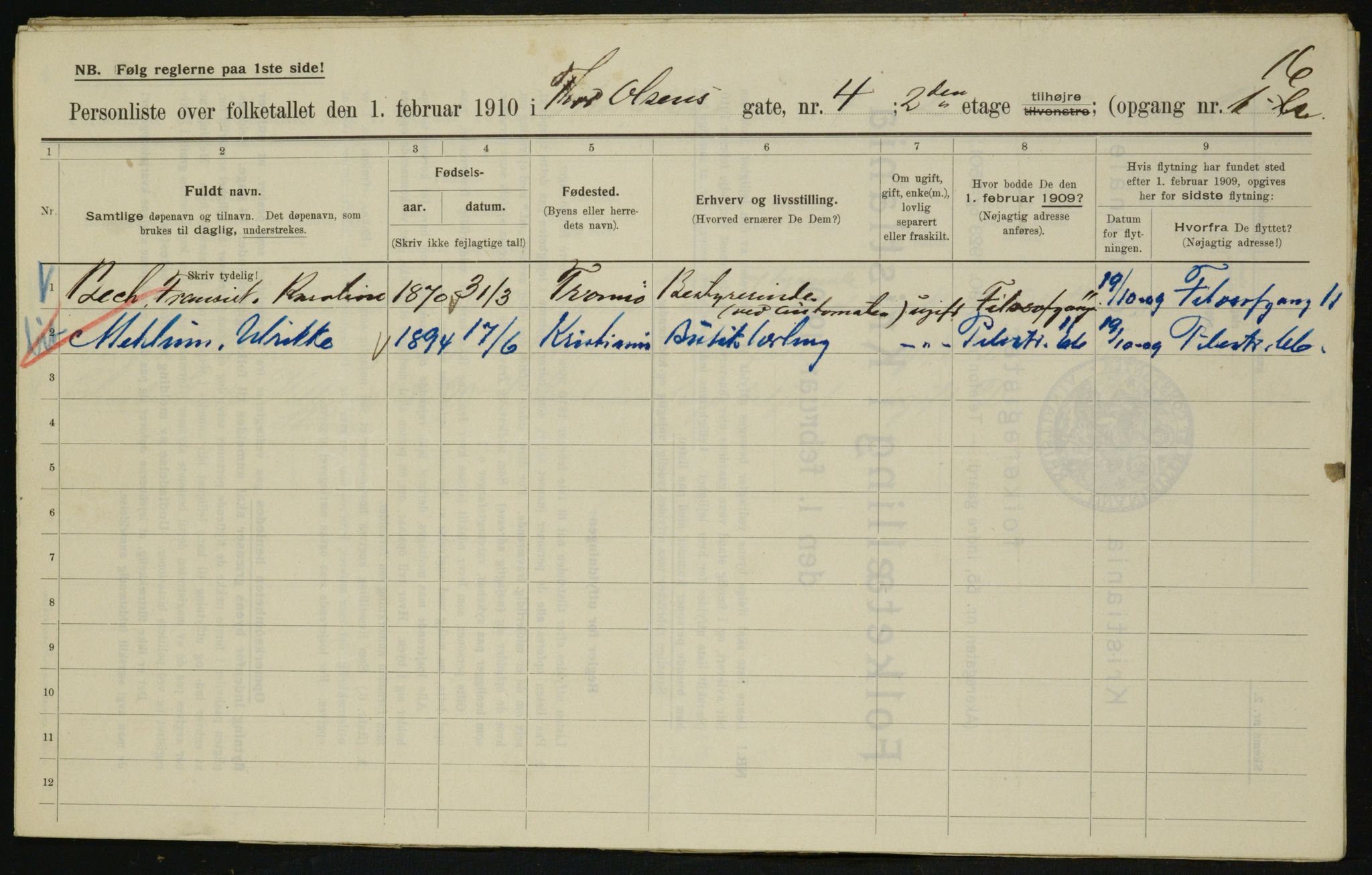 OBA, Municipal Census 1910 for Kristiania, 1910, p. 103742