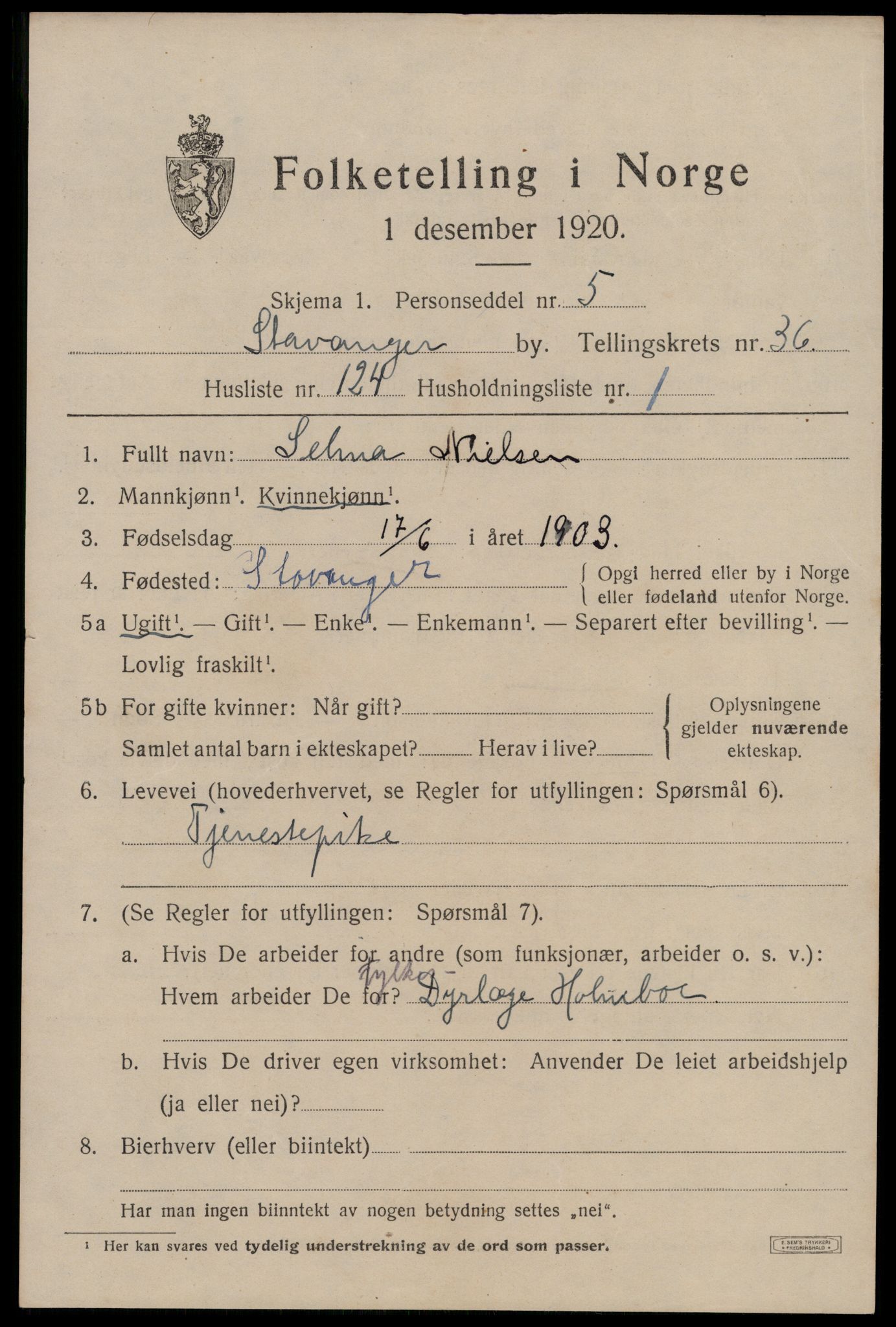 SAST, 1920 census for Stavanger, 1920, p. 97250