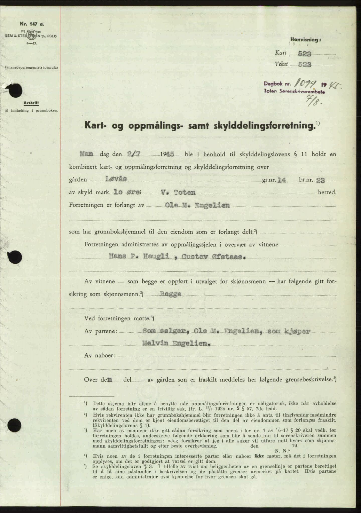 Toten tingrett, SAH/TING-006/H/Hb/Hbc/L0013: Mortgage book no. Hbc-13, 1945-1945, Diary no: : 1099/1945