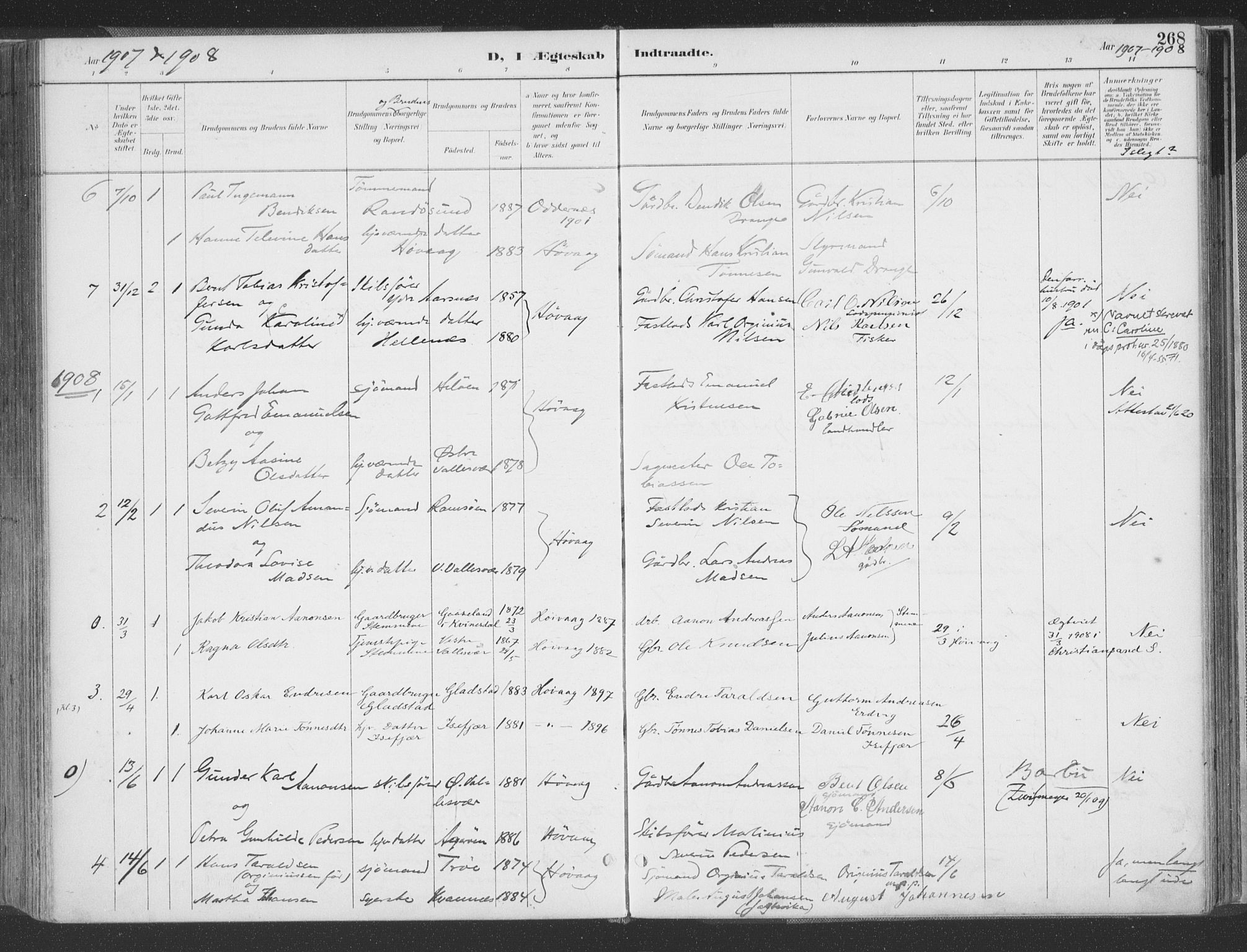 Høvåg sokneprestkontor, AV/SAK-1111-0025/F/Fa/L0006: Parish register (official) no. A 6, 1894-1923, p. 268