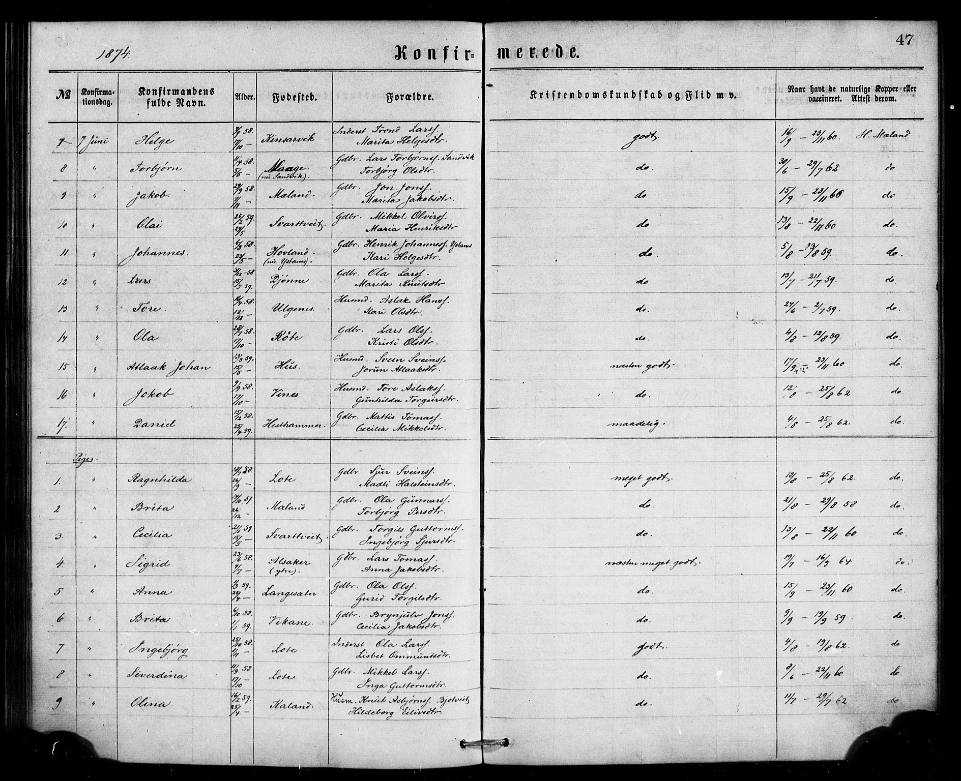 Ullensvang sokneprestembete, AV/SAB-A-78701/H/Haa: Parish register (official) no. A 13, 1867-1879, p. 47