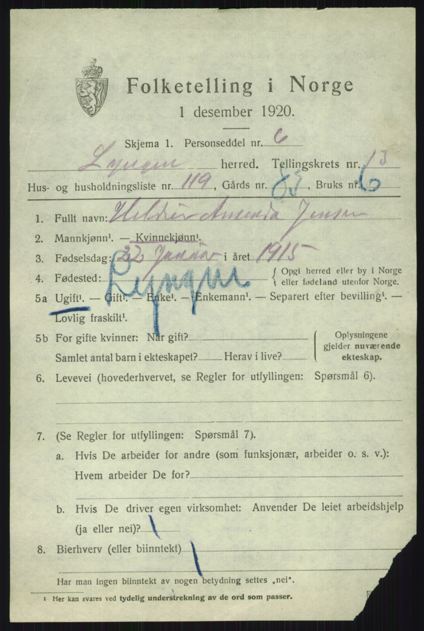 SATØ, 1920 census for Lyngen, 1920, p. 11483