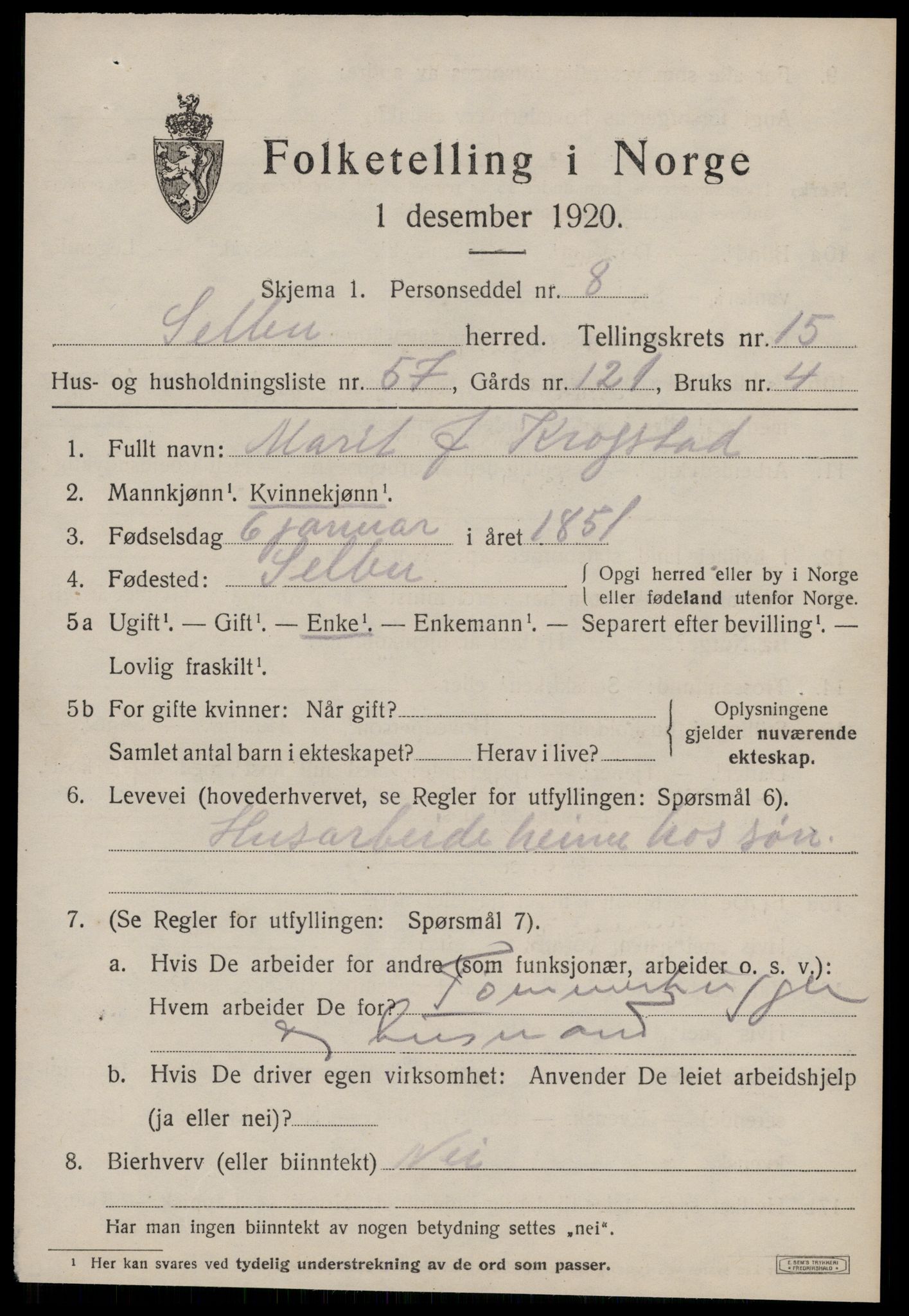 SAT, 1920 census for Selbu, 1920, p. 8492