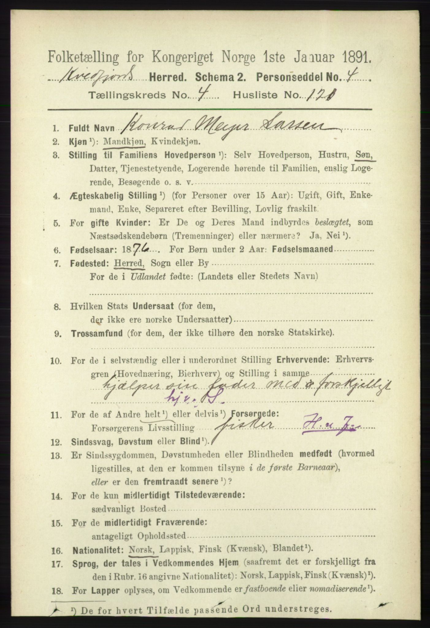 RA, 1891 census for 1911 Kvæfjord, 1891, p. 2664