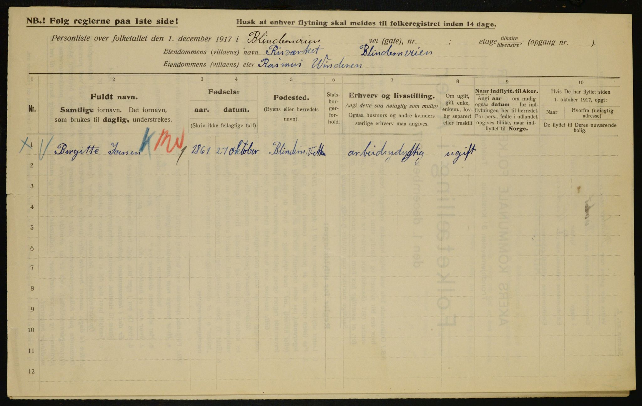 OBA, Municipal Census 1917 for Aker, 1917, p. 10425