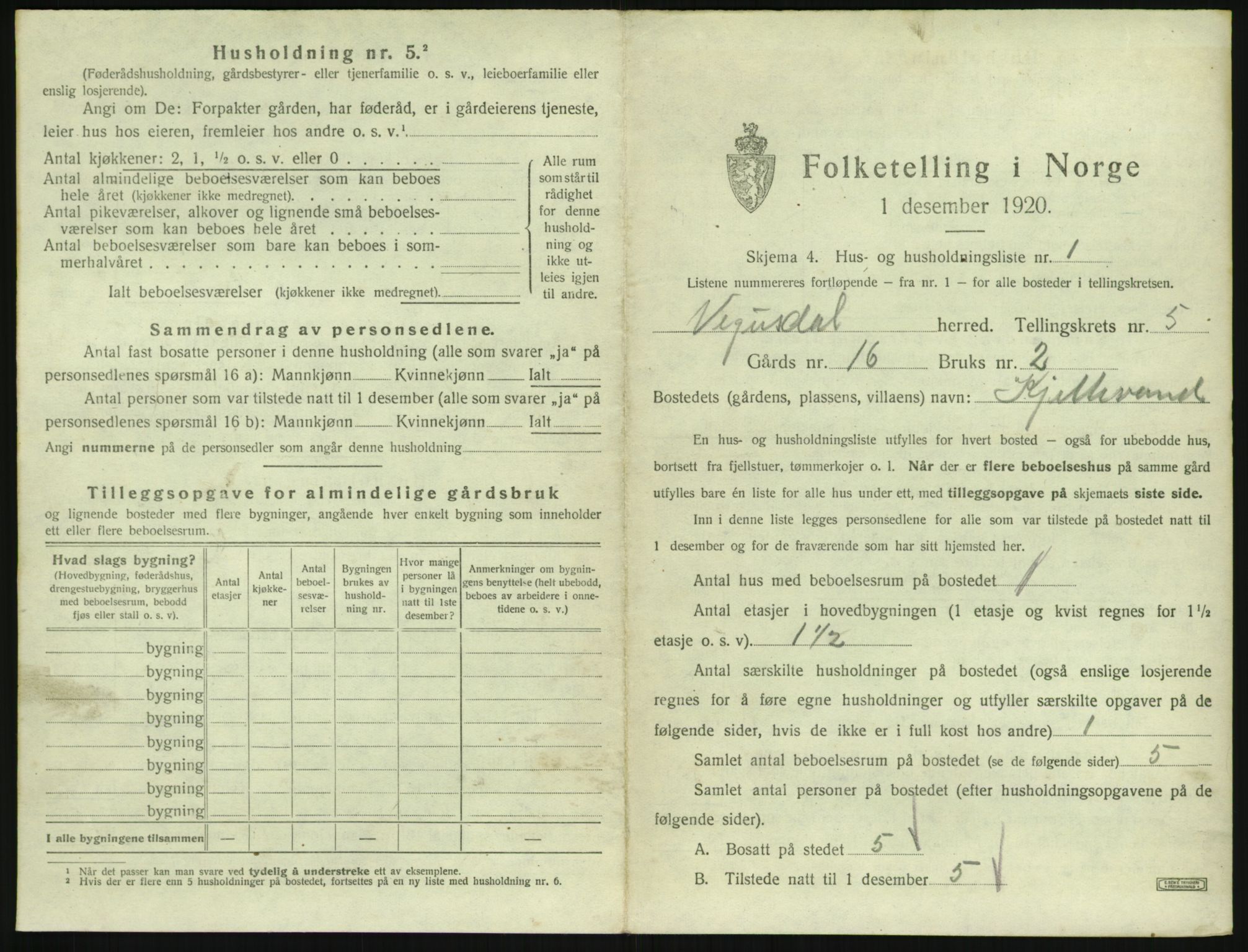 SAK, 1920 census for Vegusdal, 1920, p. 205