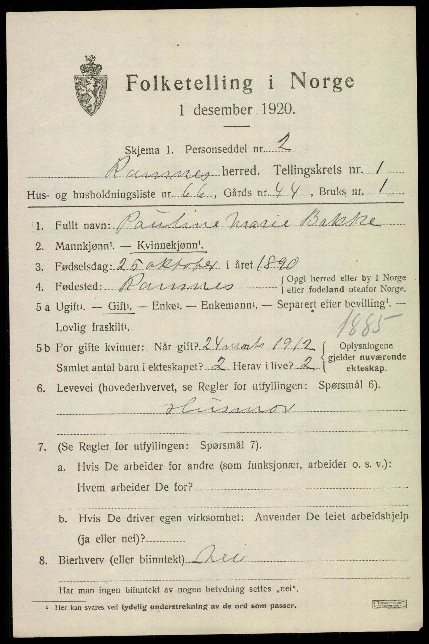 SAKO, 1920 census for Ramnes, 1920, p. 1946