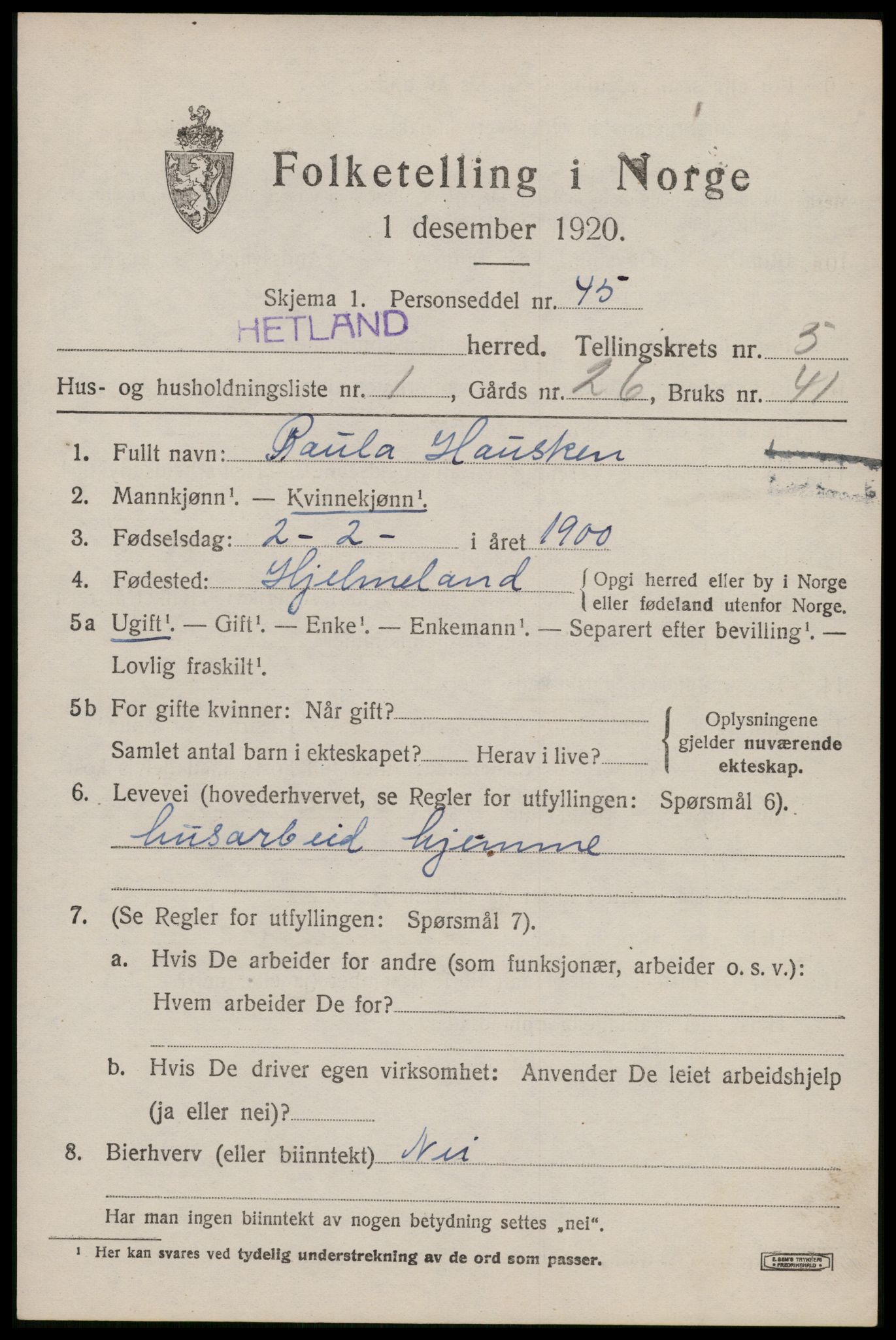 SAST, 1920 census for Hetland, 1920, p. 8239