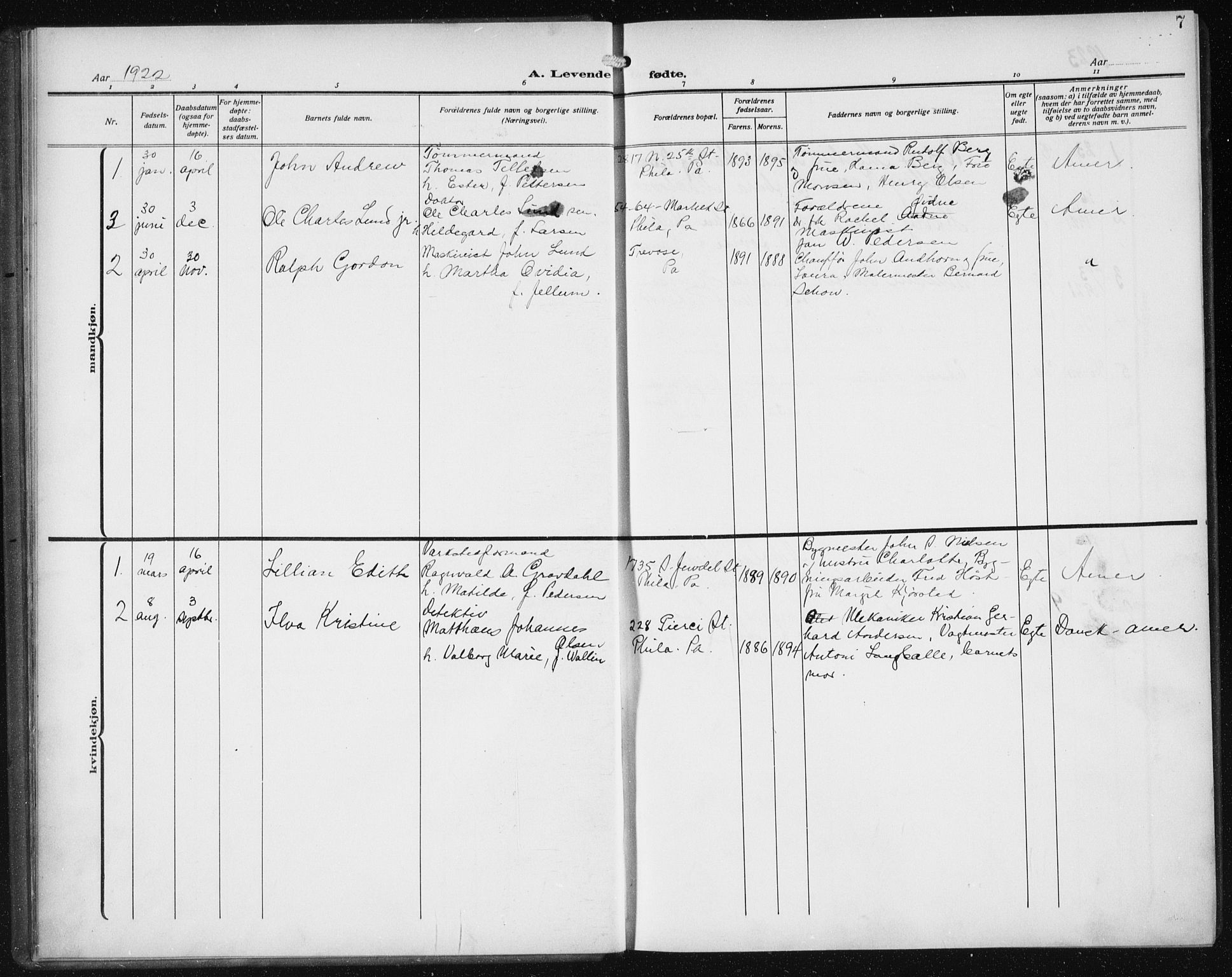 Den norske sjømannsmisjon i utlandet/Philadelphia, AV/SAB-SAB/PA-0113/H/Ha/L0001: Parish register (official) no. A 1, 1912-1931, p. 7