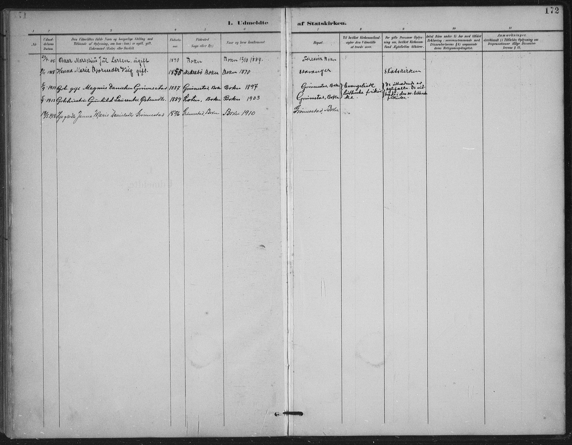 Tysvær sokneprestkontor, AV/SAST-A -101864/H/Ha/Haa/L0009: Parish register (official) no. A 9, 1898-1925, p. 172