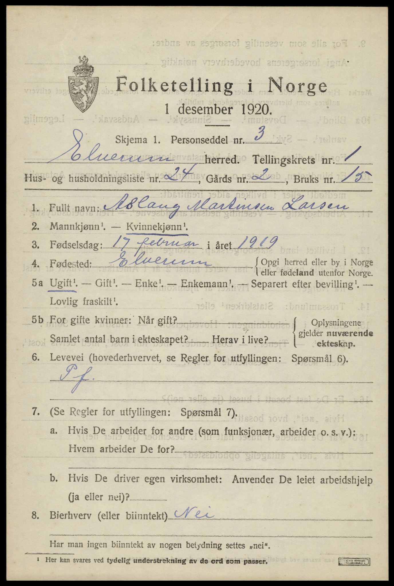 SAH, 1920 census for Elverum, 1920, p. 4044